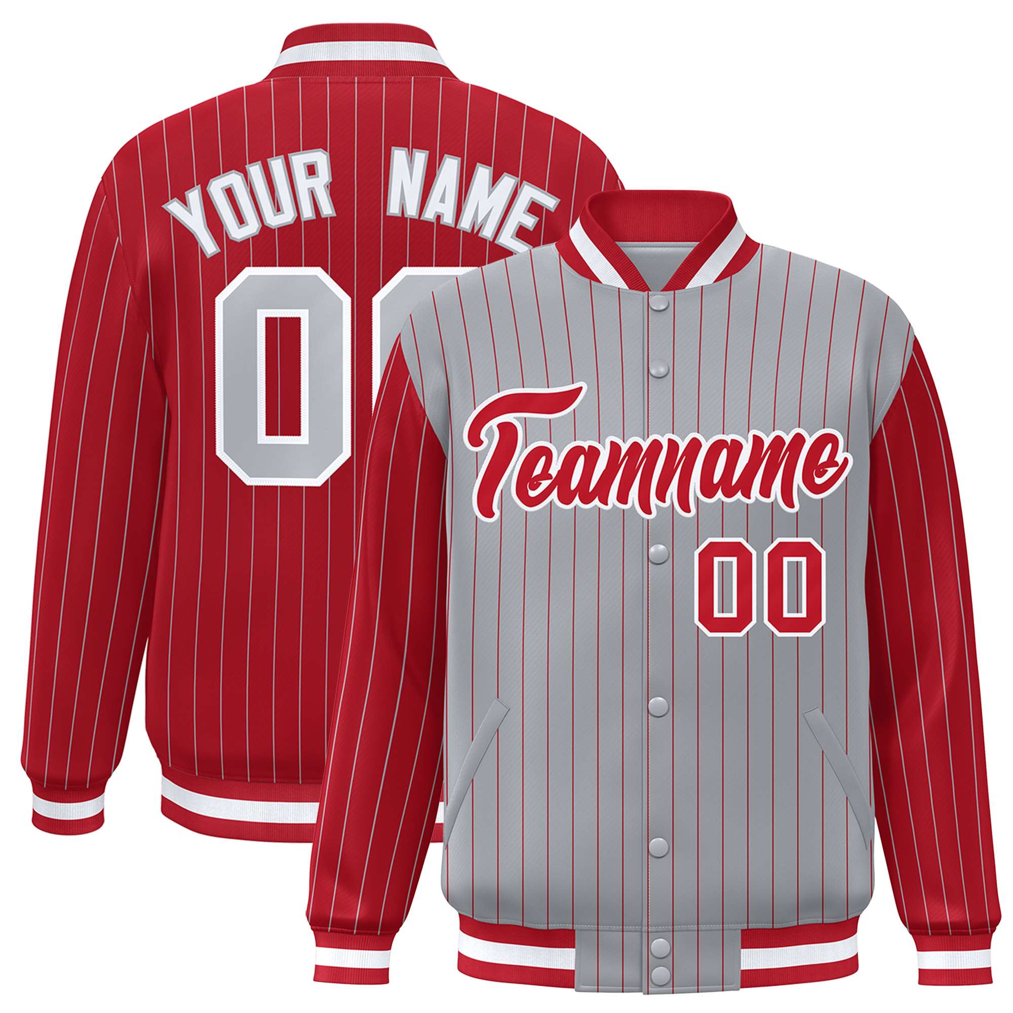 Custom Gray Red Raglan Sleeves Varsity Full-Snap Pinstripe Letterman Baseball Jacket