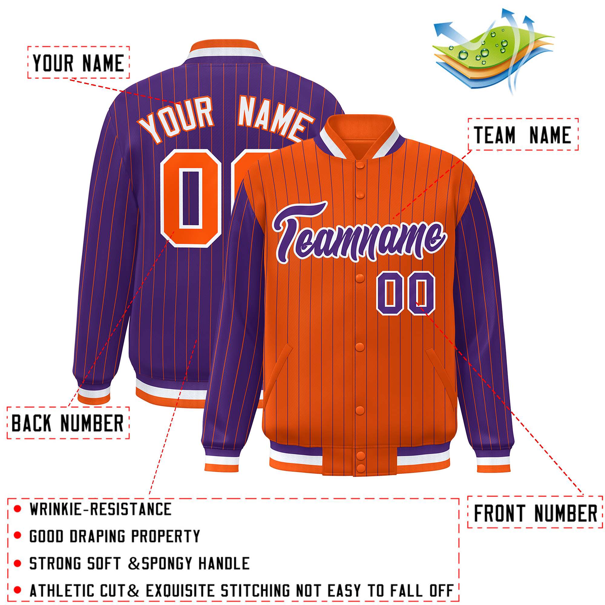 Custom Orange Purple Raglan Sleeves Varsity Full-Snap Pinstripe Letterman Baseball Jacket