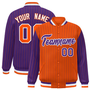 Custom Orange Purple Raglan Sleeves Varsity Full-Snap Pinstripe Letterman Baseball Jacket