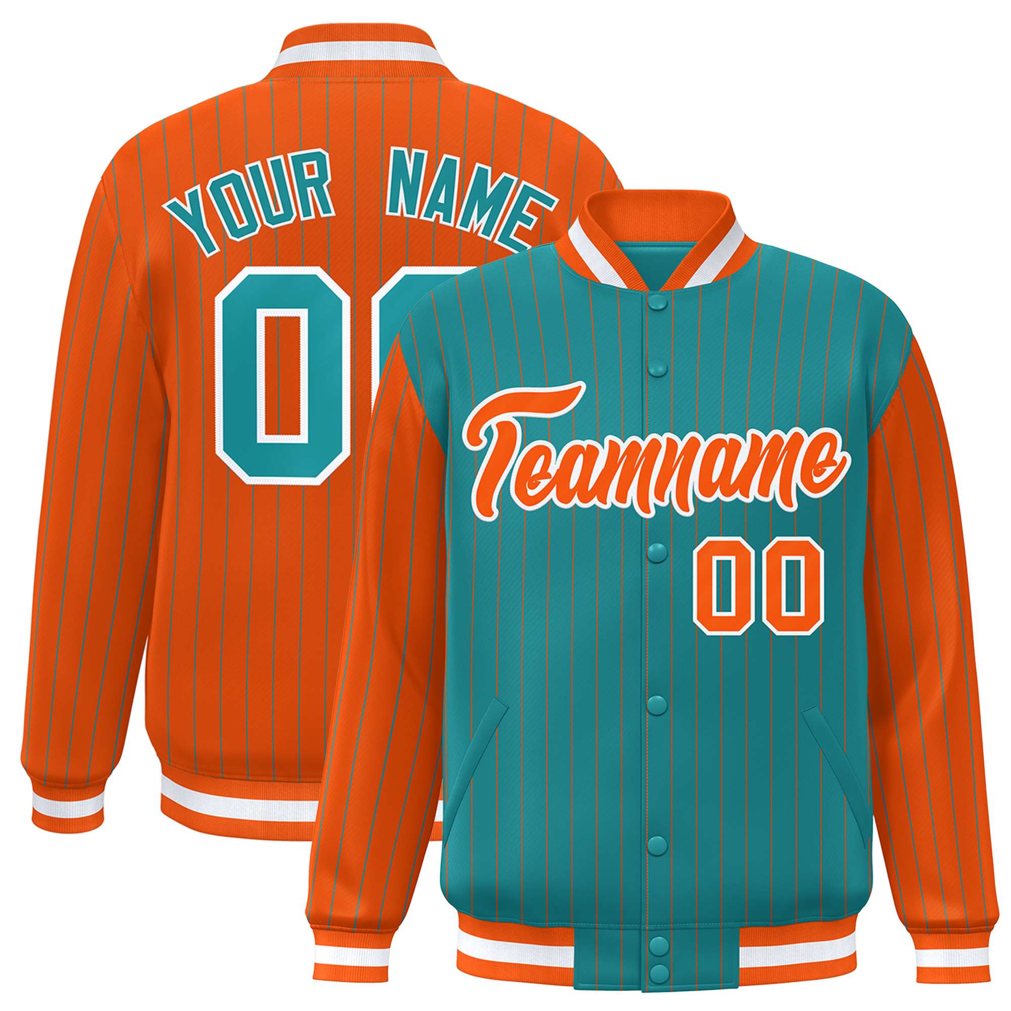 Custom Aqua Orange Raglan Sleeves Varsity Full-Snap Pinstripe Letterman Baseball Jacket