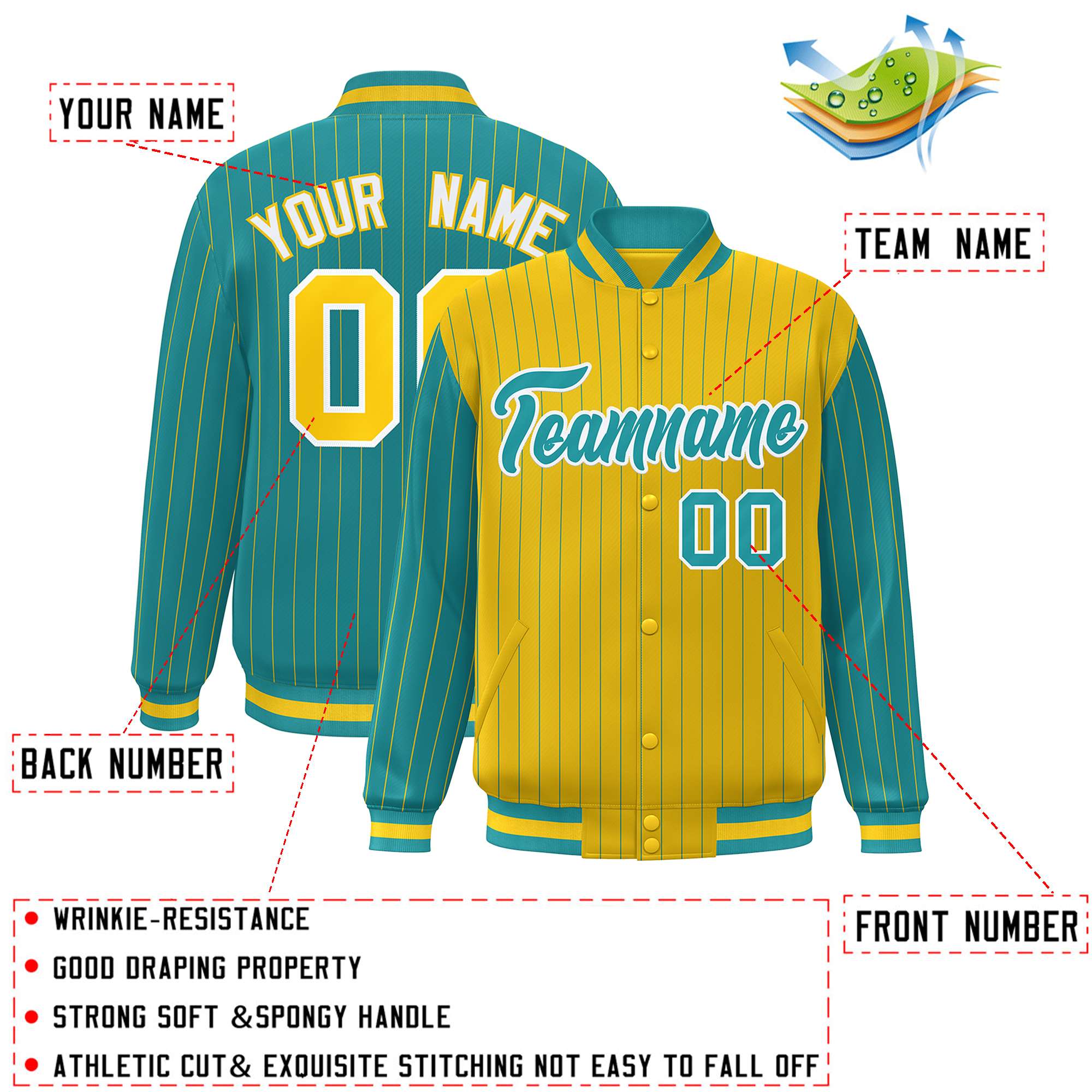 Custom Gold Aqua Raglan Sleeves Varsity Full-Snap Pinstripe Letterman Baseball Jacket