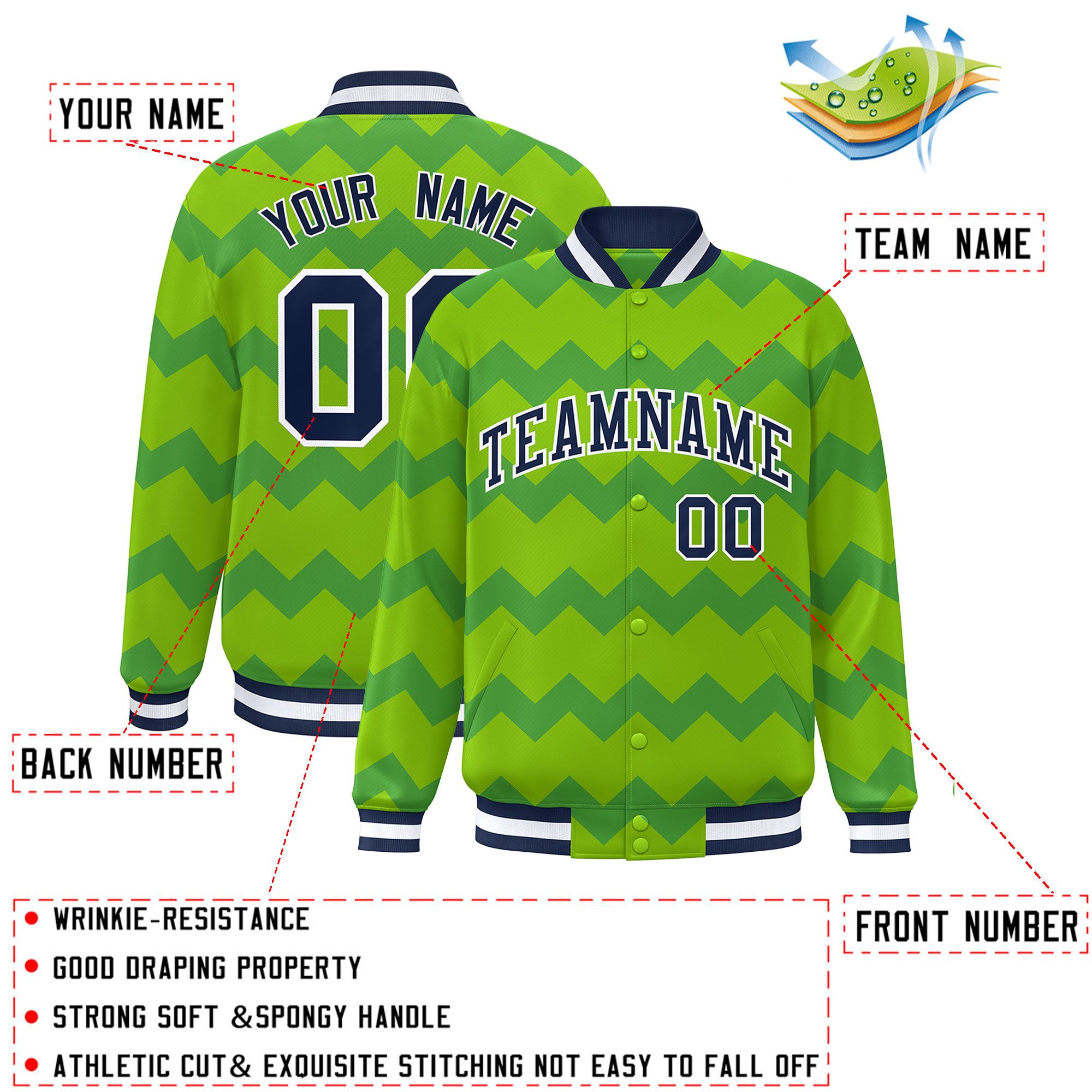 Custom Green Varsity Full-Snap Ripple Color Block Letterman Jacket