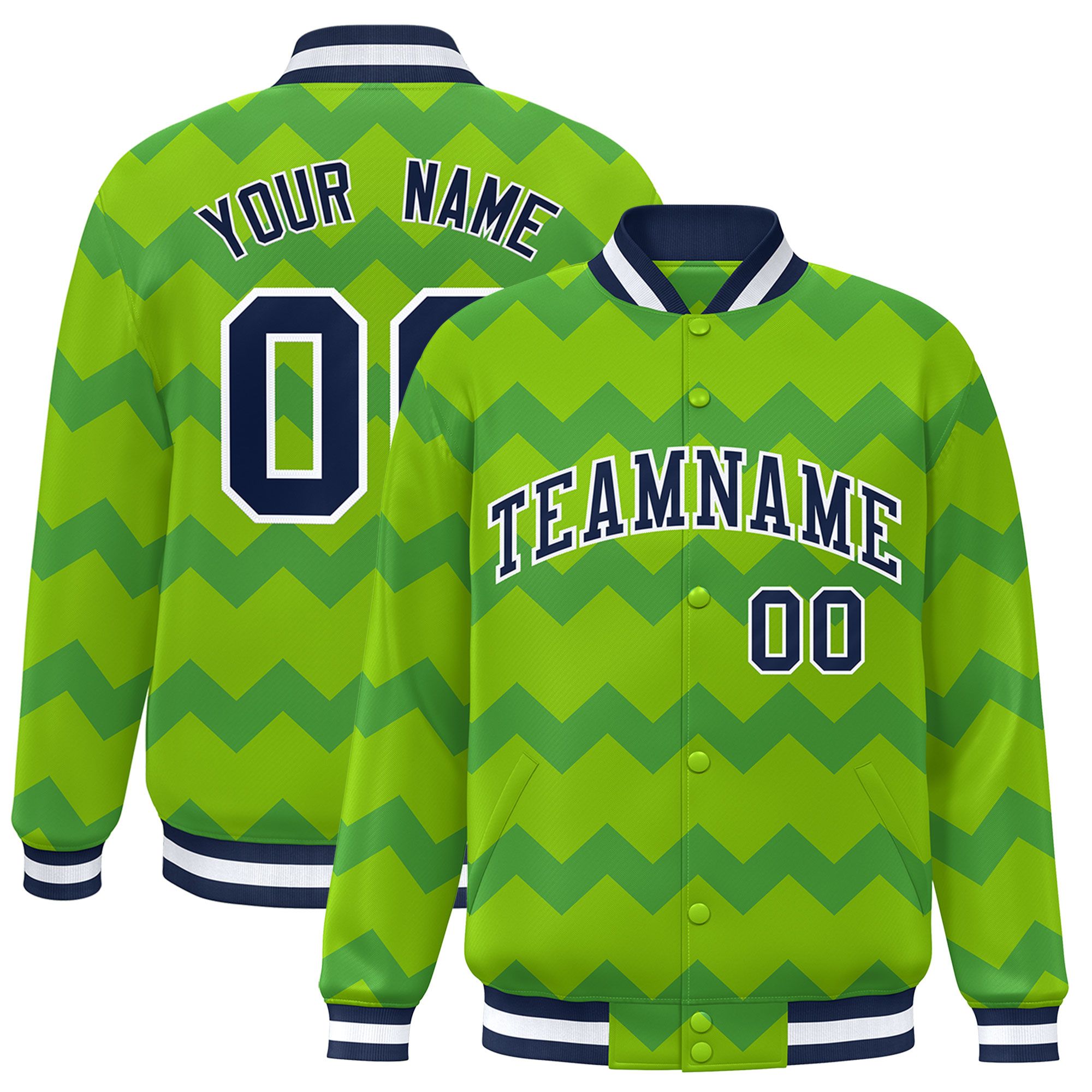 Custom Green Varsity Full-Snap Ripple Color Block Letterman Jacket