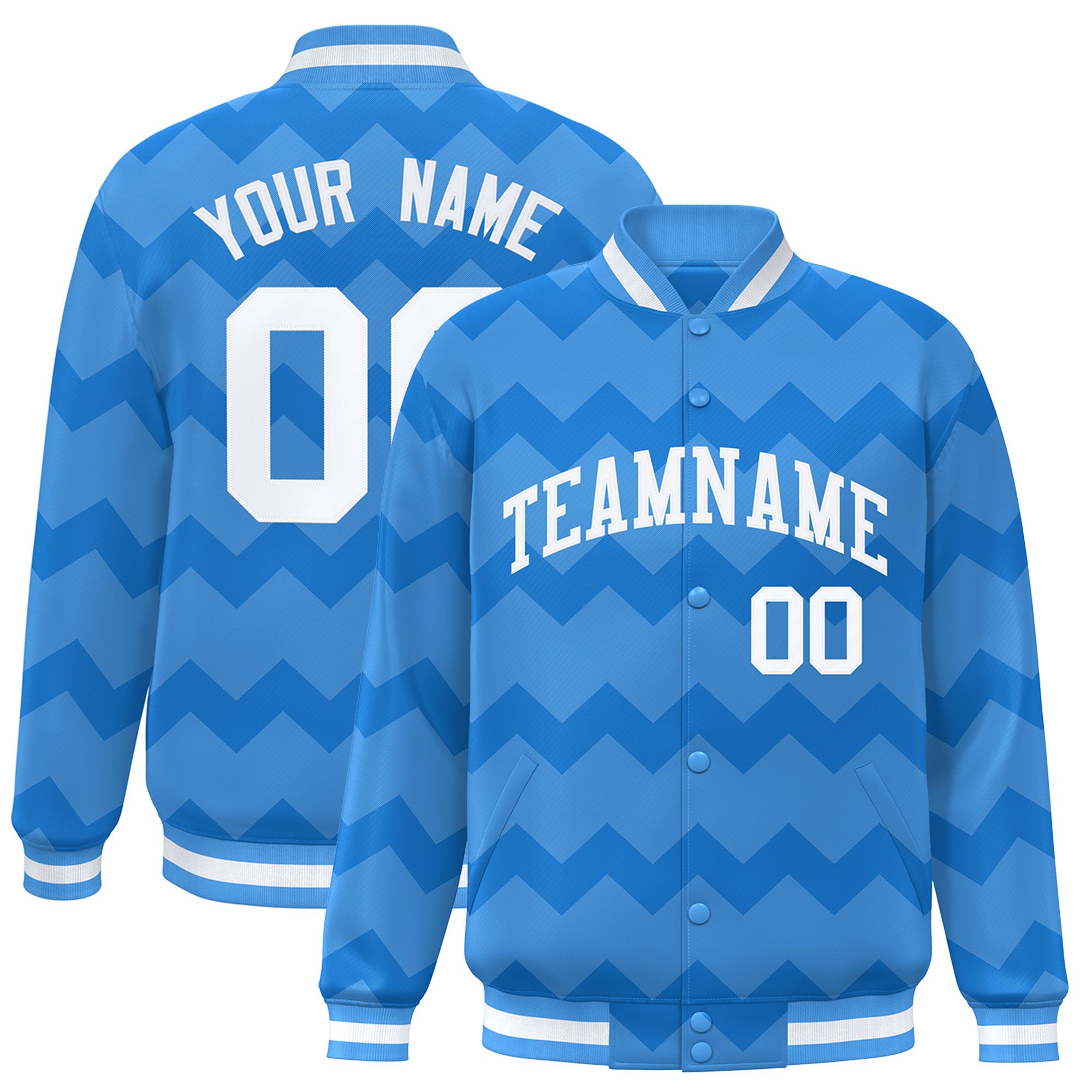 Custom Powder Blue Varsity Full-Snap Ripple Color Block Letterman Jacket