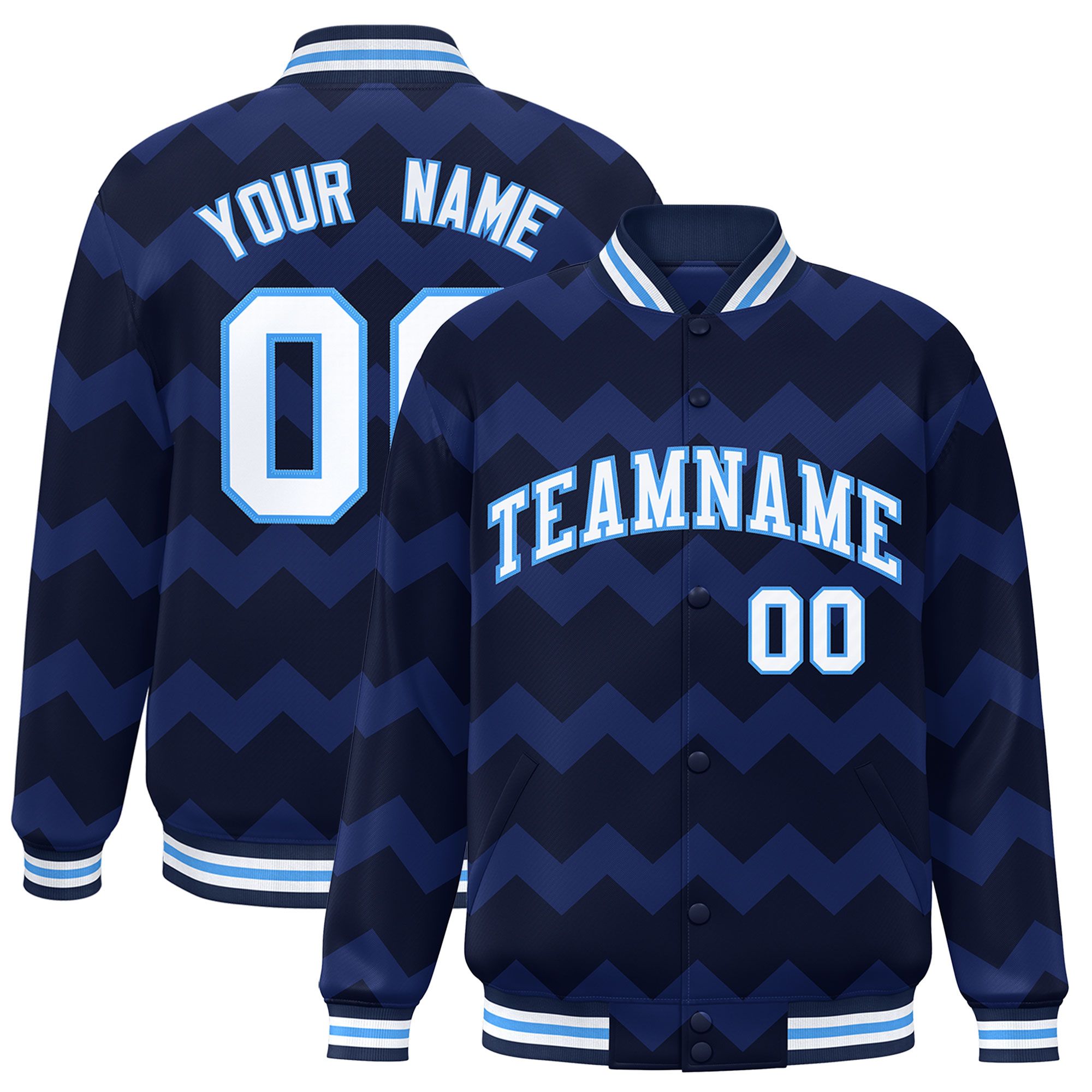 Custom Navy Varsity Full-Snap Ripple Color Block Letterman Jacket