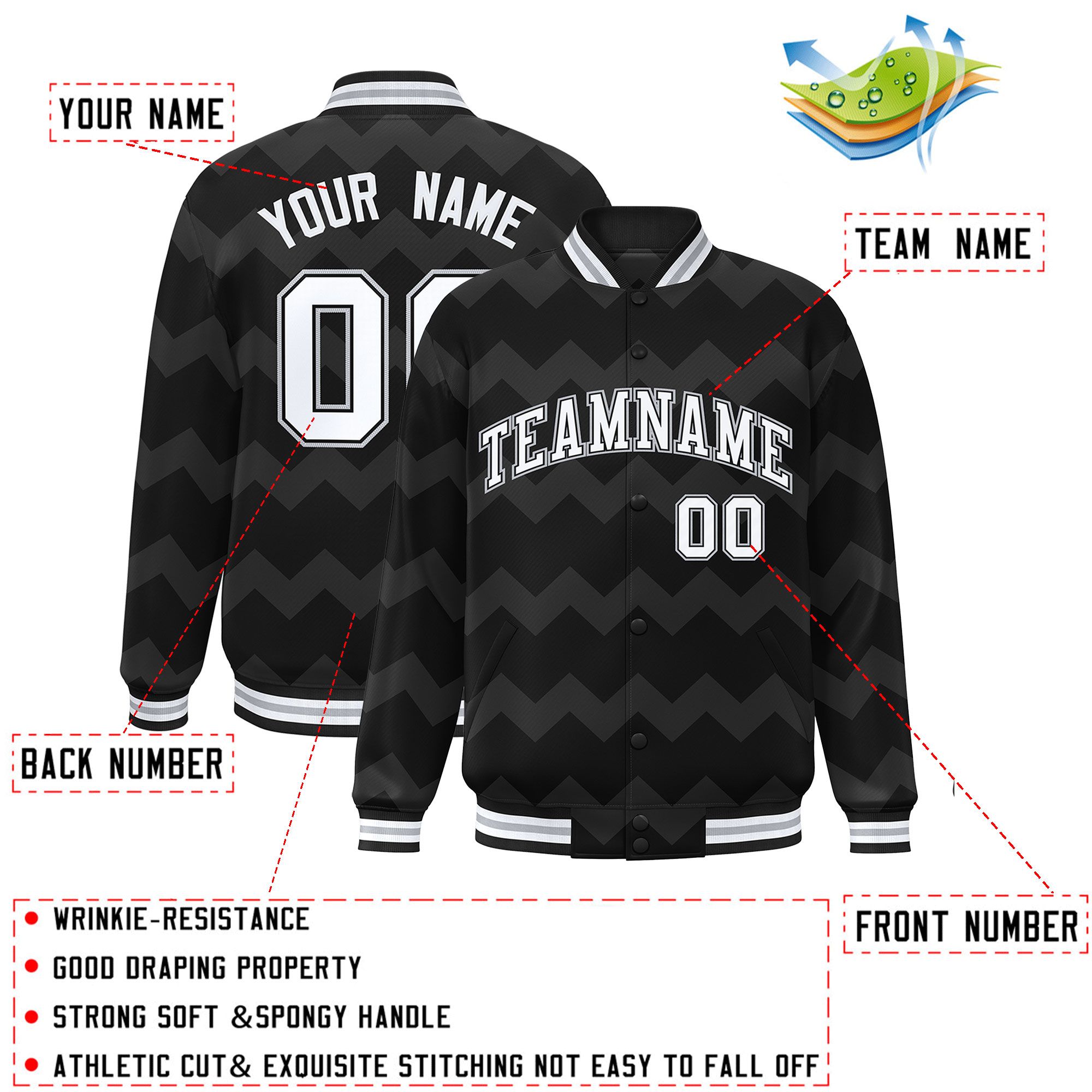 Custom Black Varsity Full-Snap Ripple Color Block Letterman Jacket