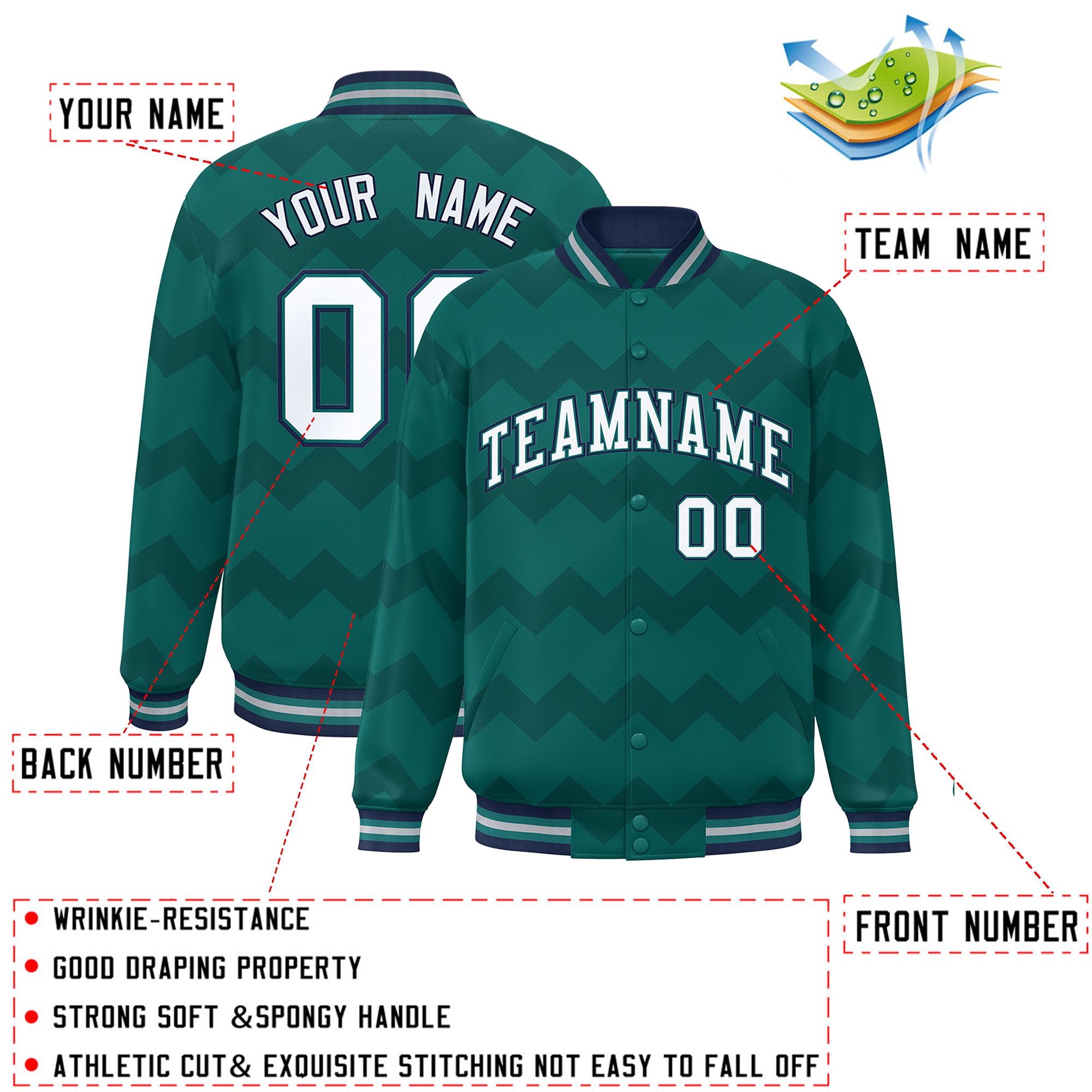 Custom Aqua Varsity Full-Snap Ripple Color Block Letterman Jacket