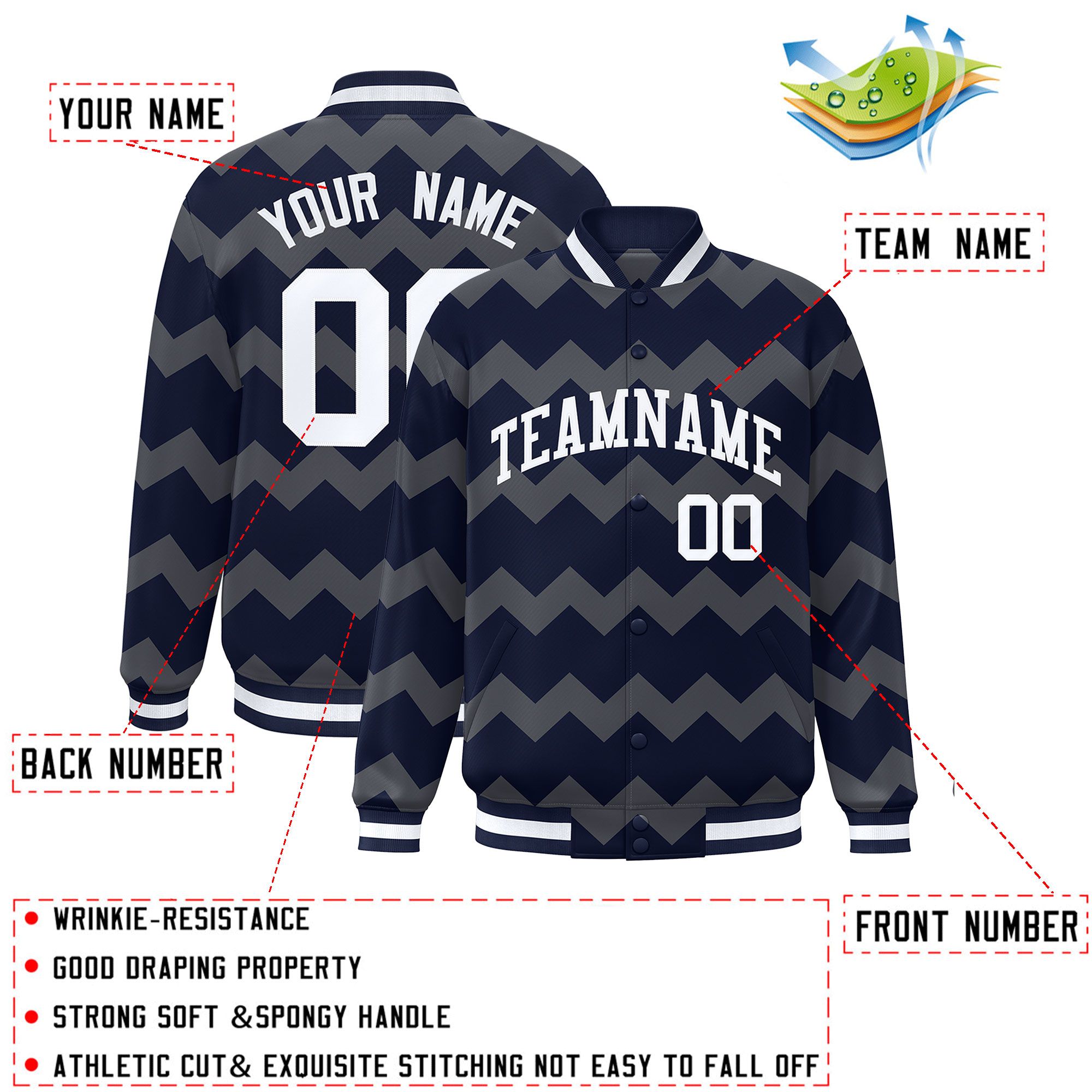 Custom Navy Varsity Full-Snap Ripple Color Block Letterman Jacket