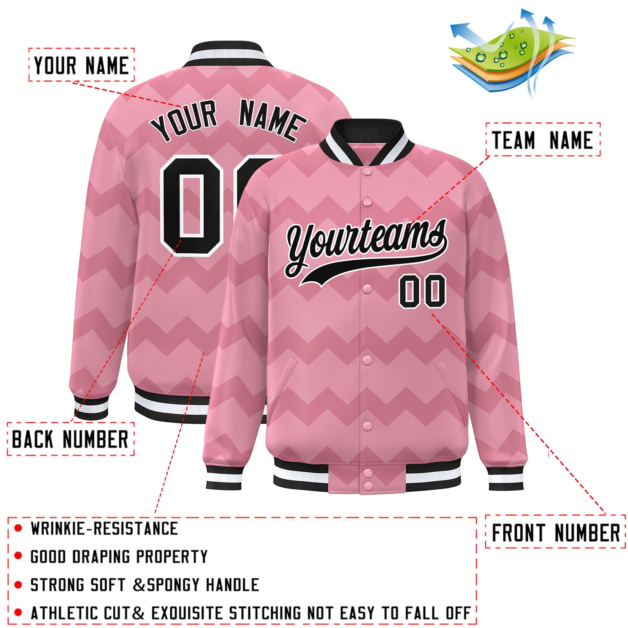 Custom Light Pink Varsity Full-Snap Ripple Color Block Letterman Jacket