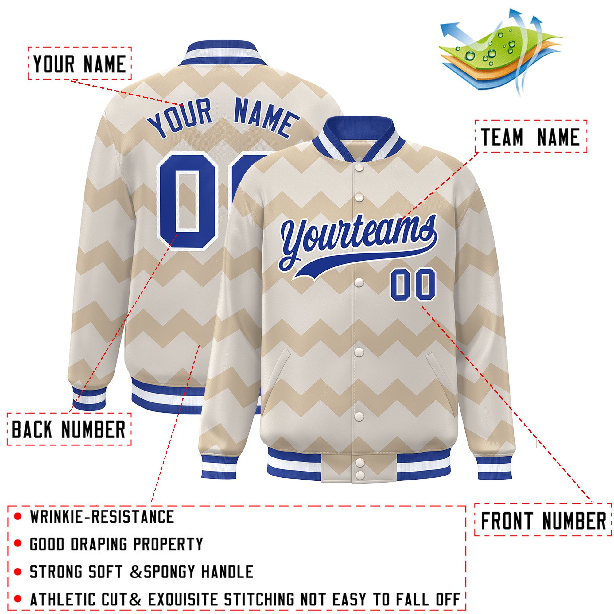 Custom Cream Varsity Full-Snap Ripple Color Block Letterman Jacket