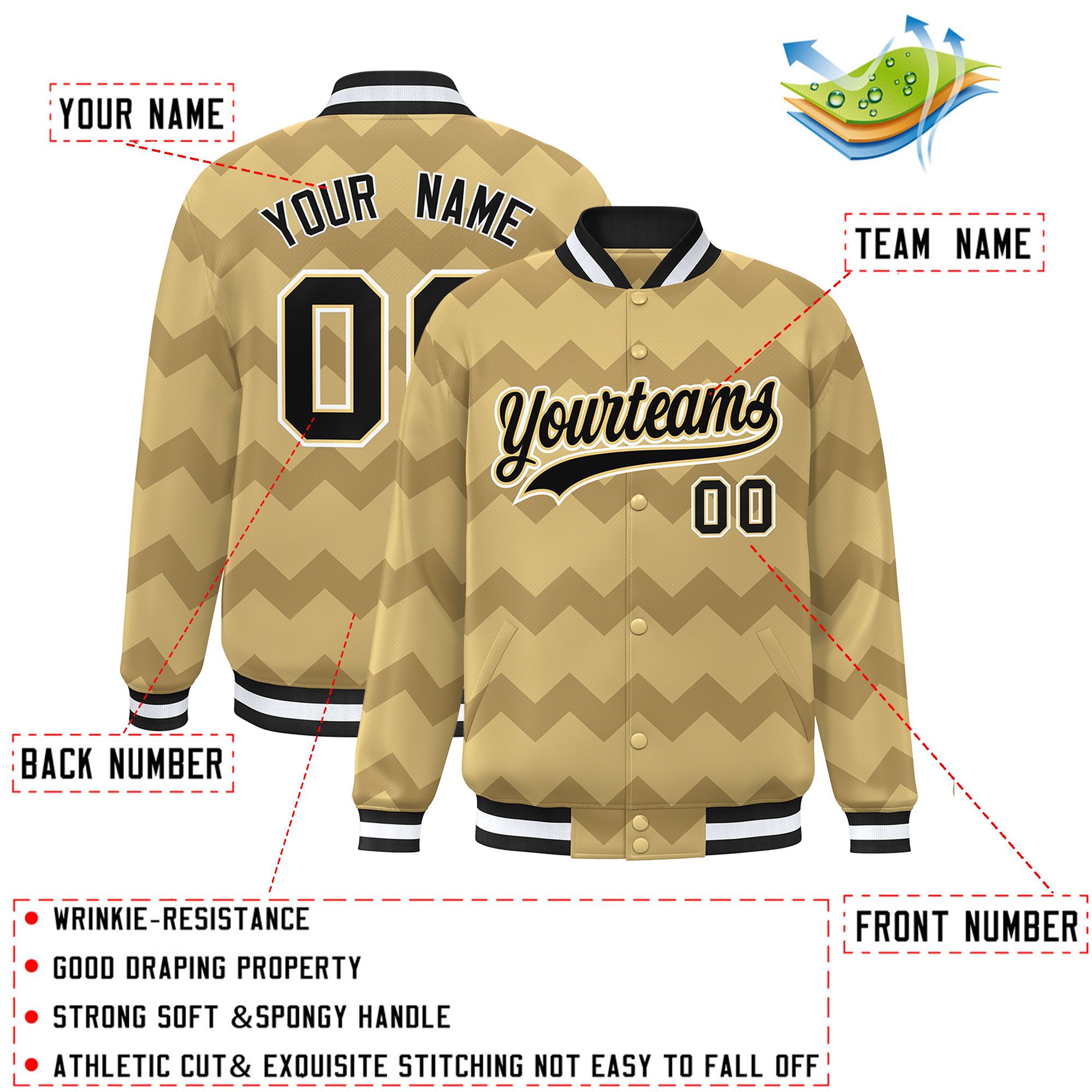 Custom Khaki Varsity Full-Snap Ripple Color Block Letterman Jacket