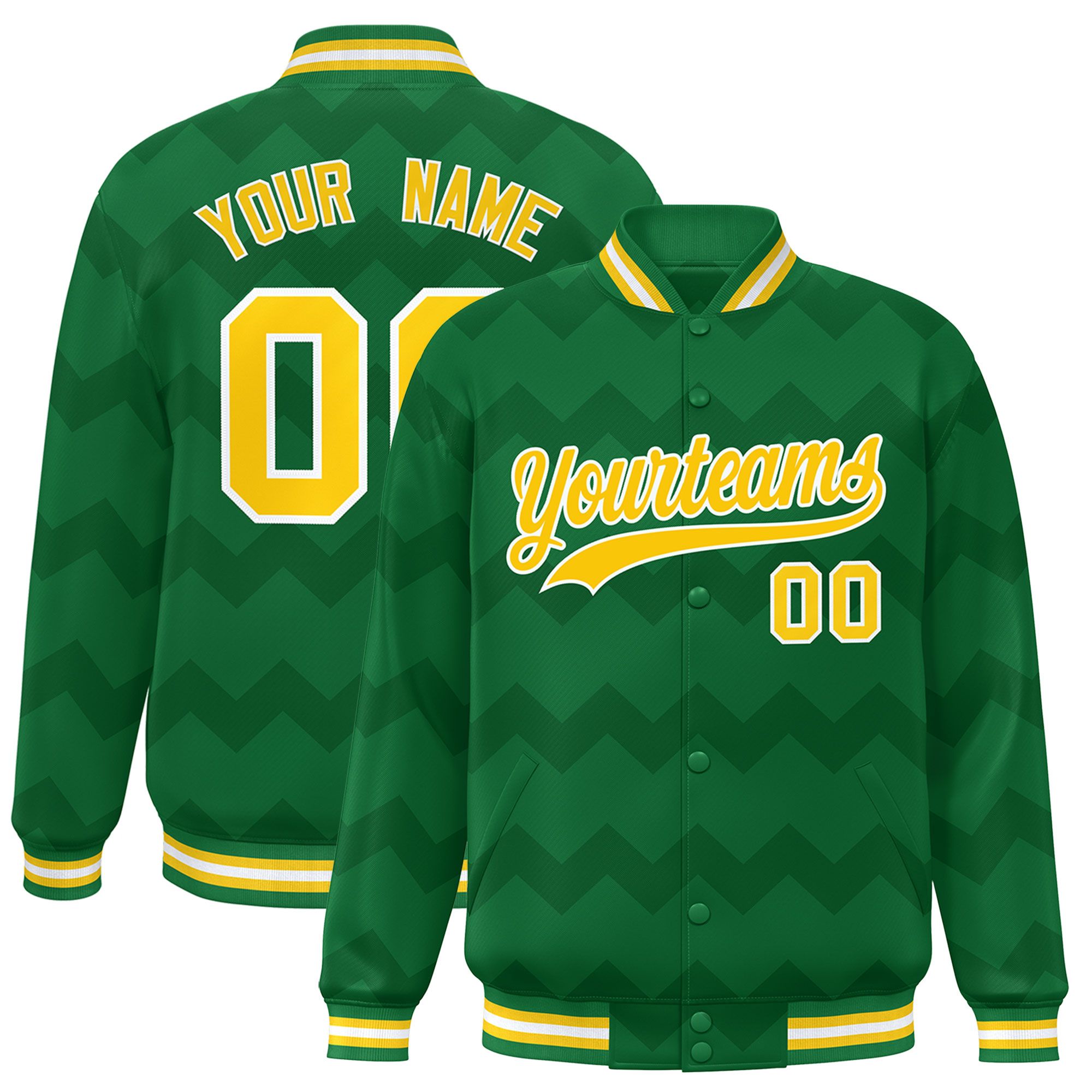 Custom Kelly Green Varsity Full-Snap Ripple Color Block Letterman Jacket