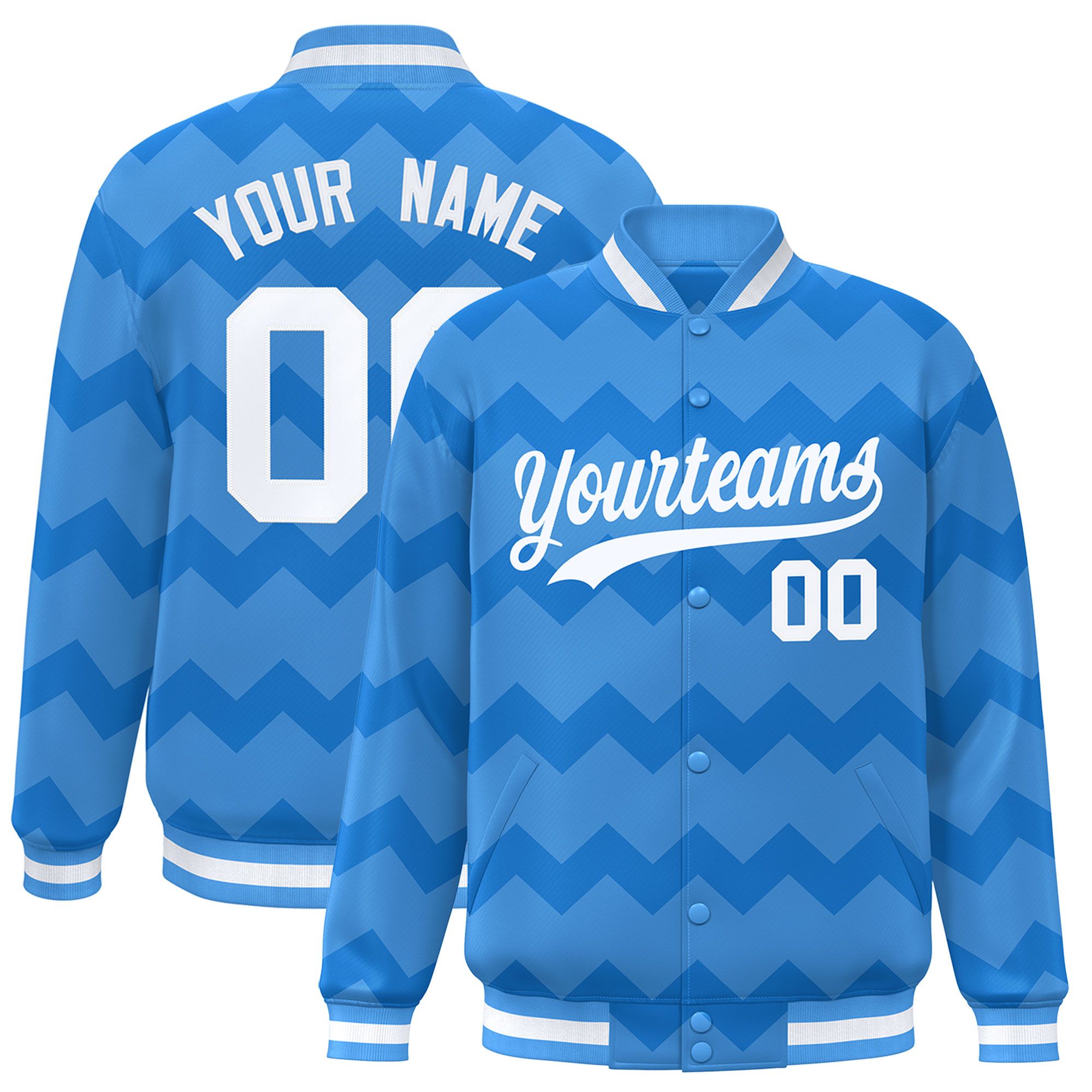 Custom Powder Blue Varsity Full-Snap Ripple Color Block Letterman Jacket