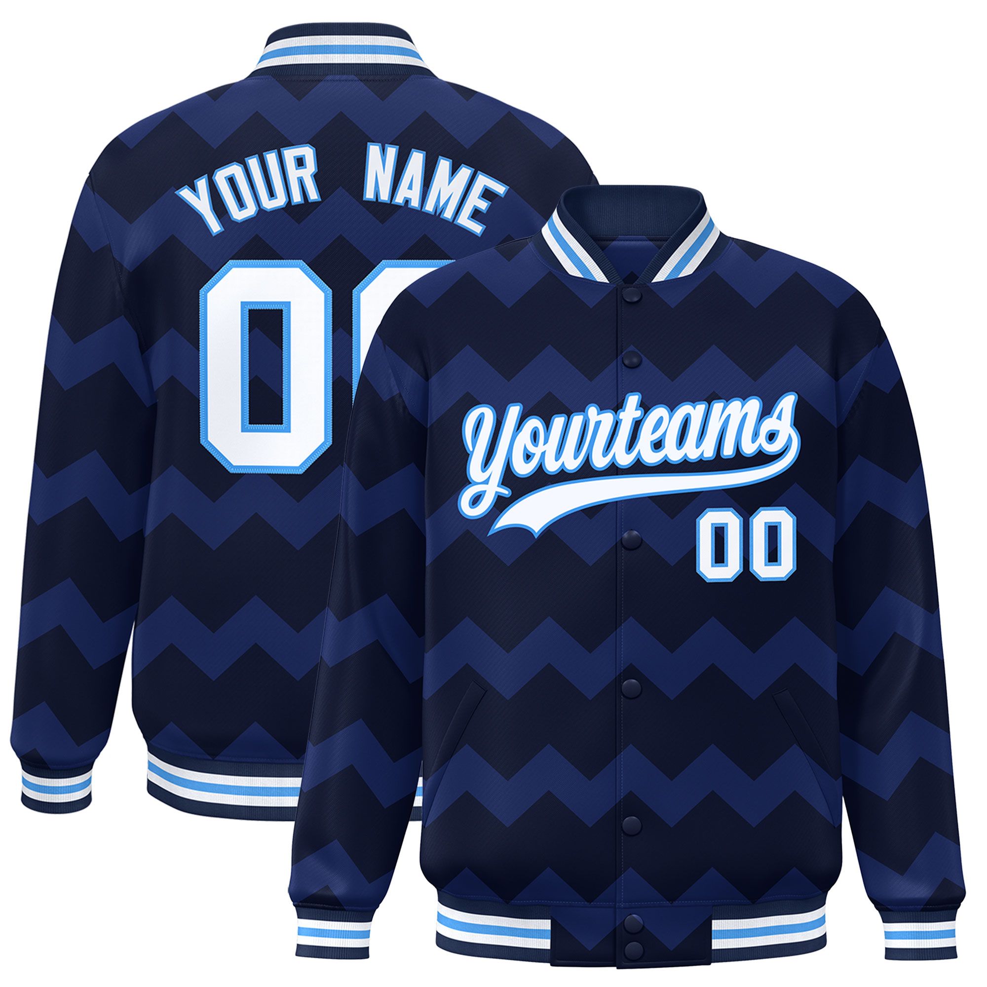 Custom Navy Varsity Full-Snap Ripple Color Block Letterman Jacket