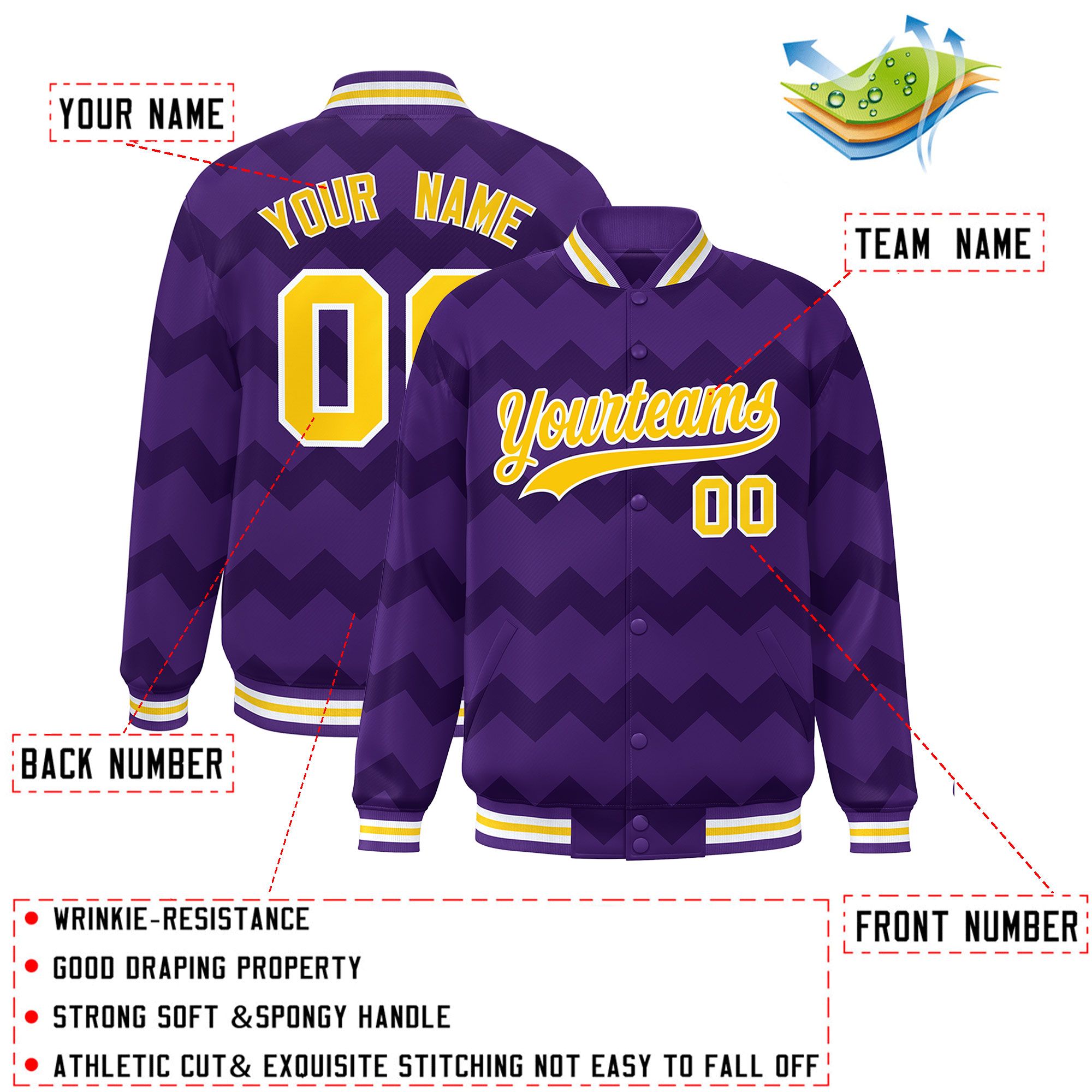 Custom Purple Varsity Full-Snap Ripple Color Block Letterman Jacket