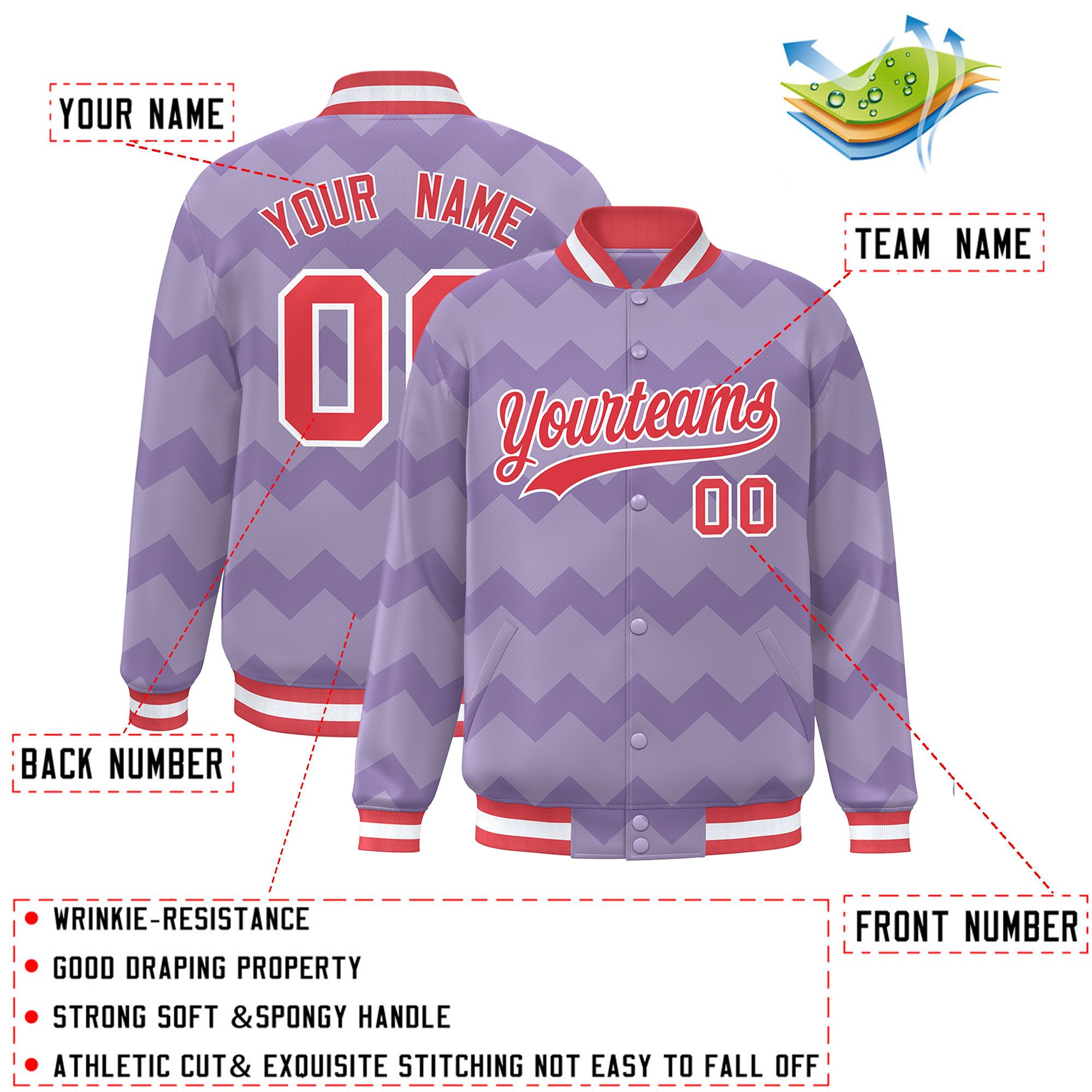 Custom Light Purple Varsity Full-Snap Ripple Color Block Letterman Jacket