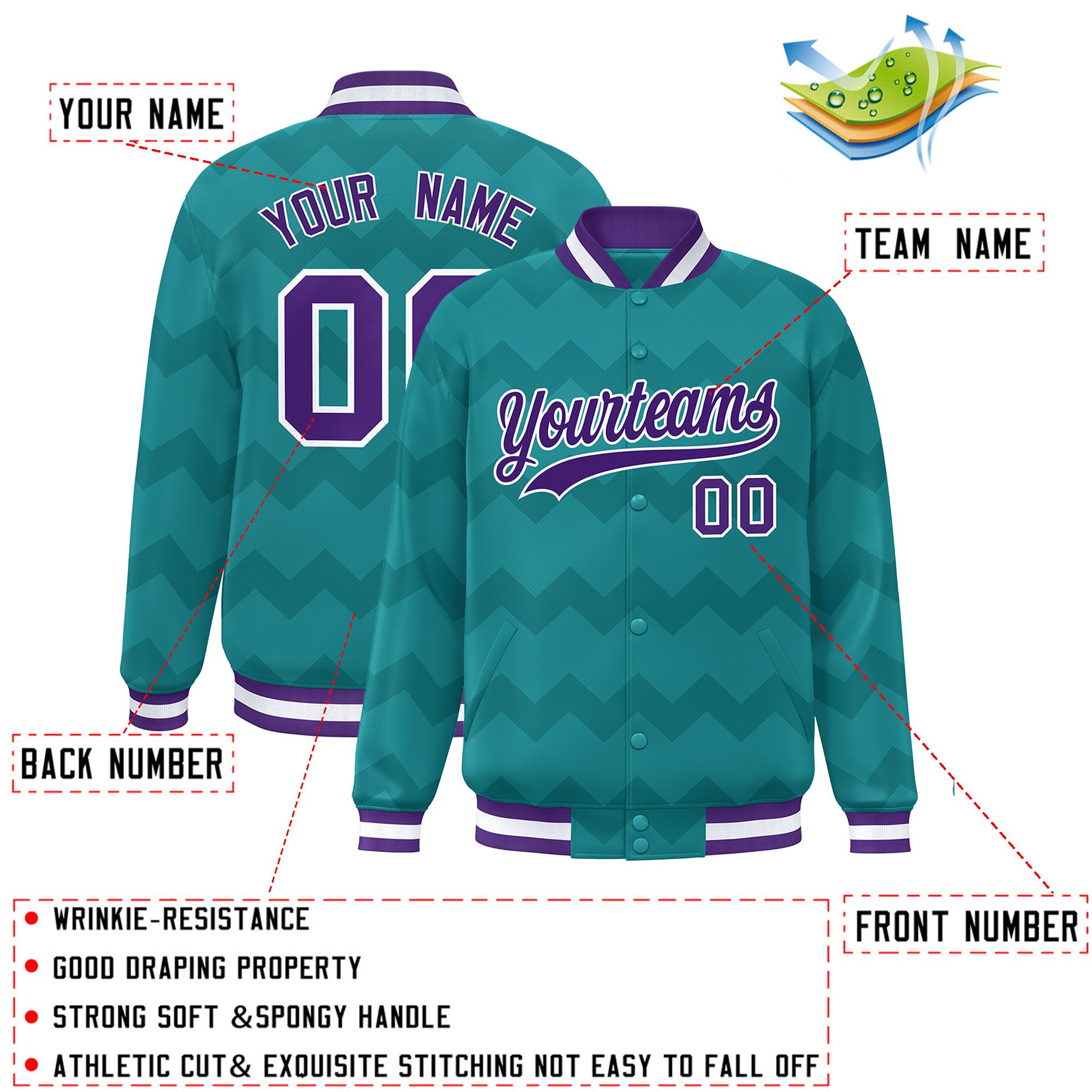 Custom Aqua Varsity Full-Snap Ripple Color Block Letterman Jacket