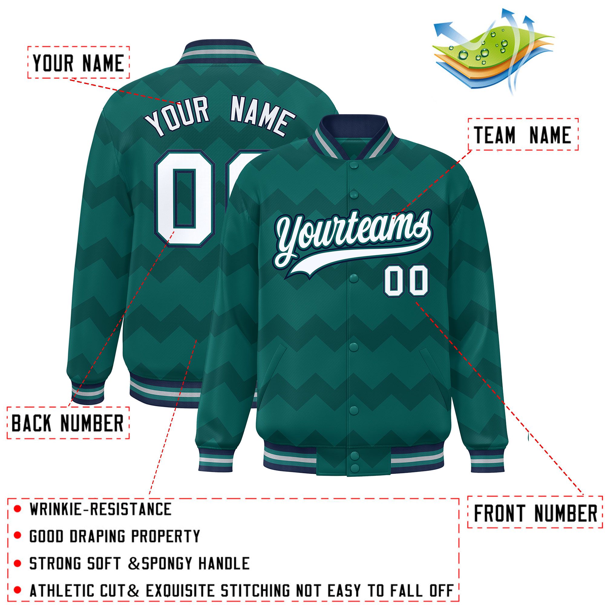 Custom Aqua Varsity Full-Snap Ripple Color Block Letterman Jacket