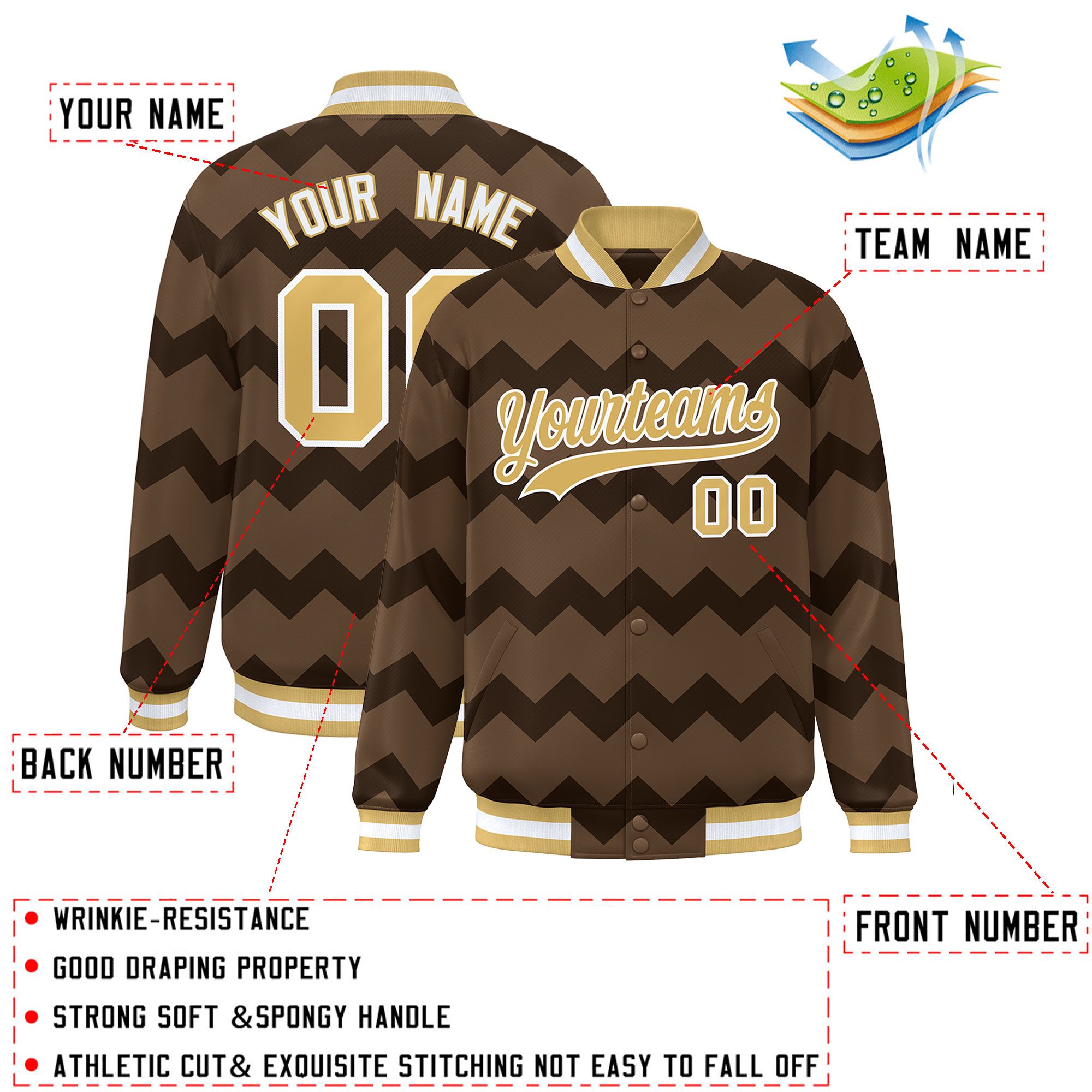 Custom Light Brown Varsity Full-Snap Ripple Color Block Letterman Jacket