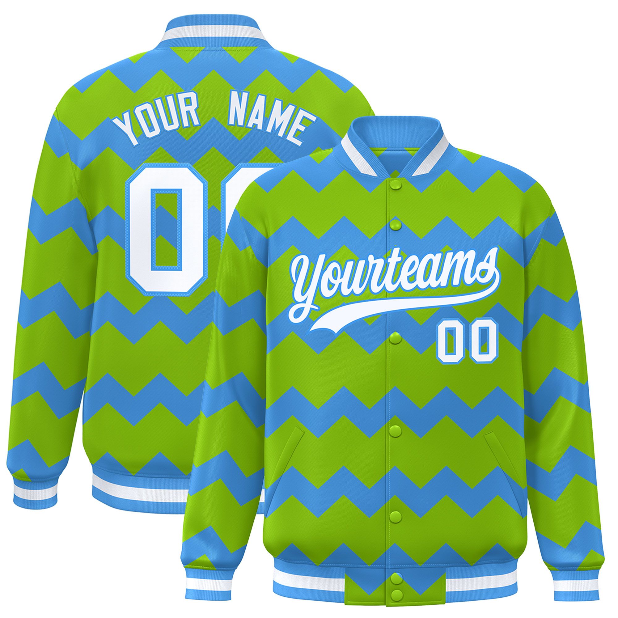 Custom Neon Green Varsity Full-Snap Ripple Color Block Letterman Jacket