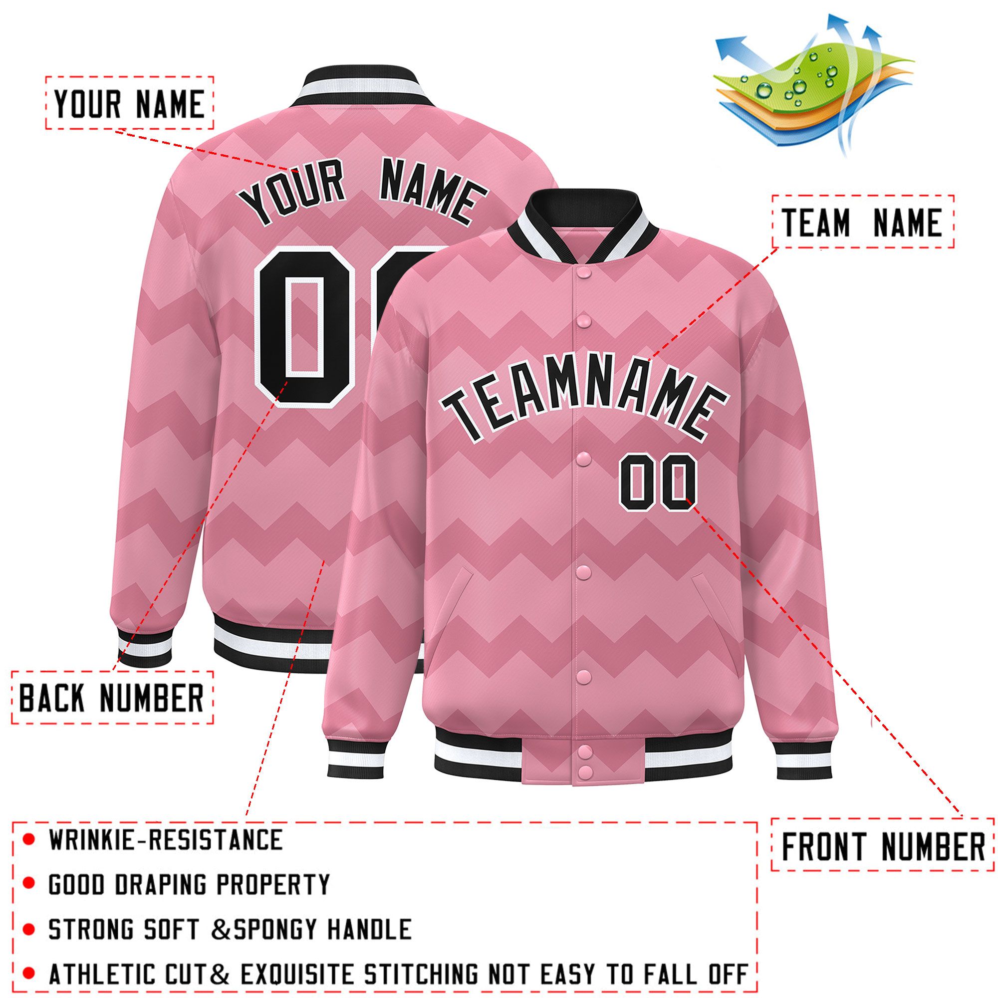 Custom Light Pink Varsity Full-Snap Ripple Color Block Letterman Jacket