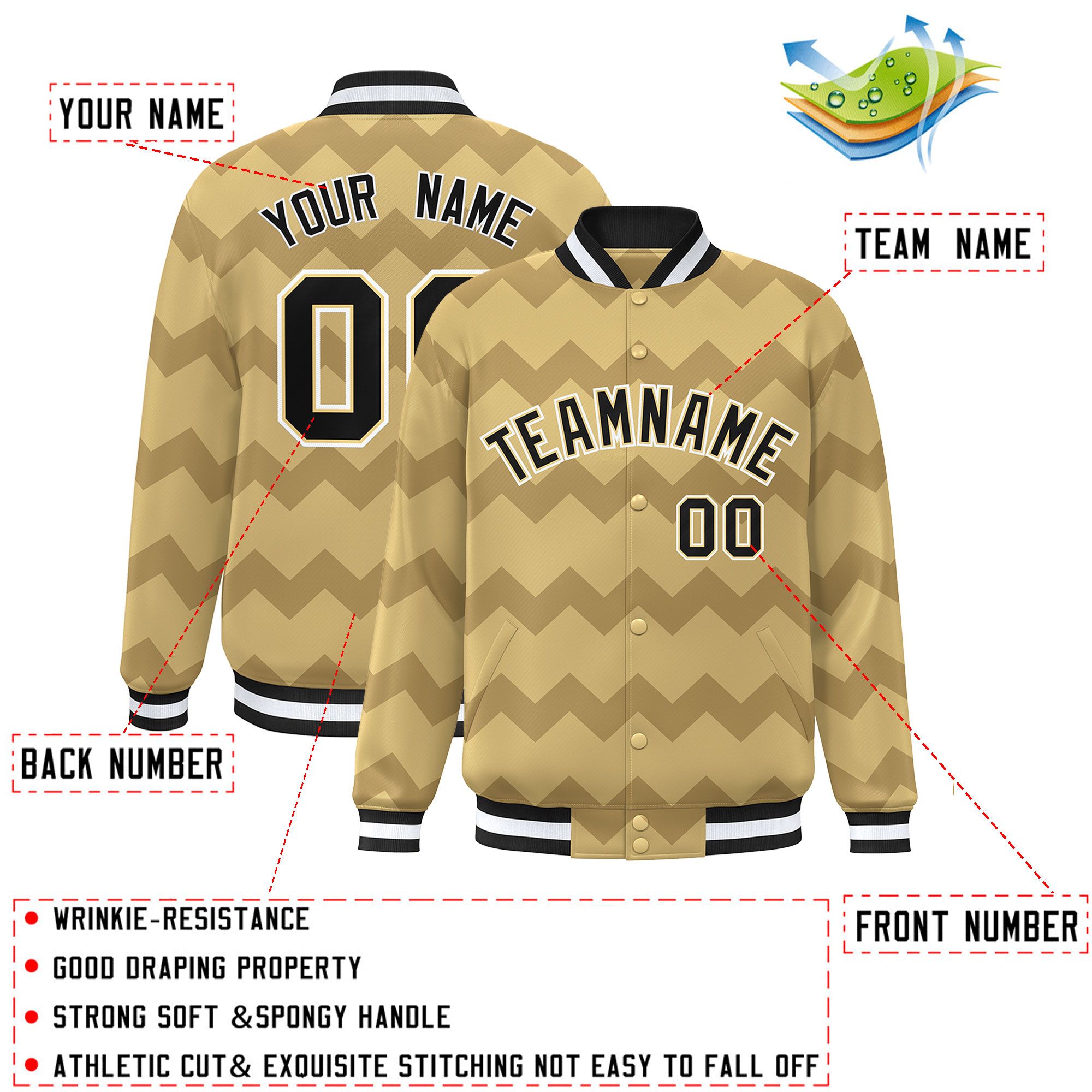 Custom Khaki Varsity Full-Snap Ripple Color Block Letterman Jacket