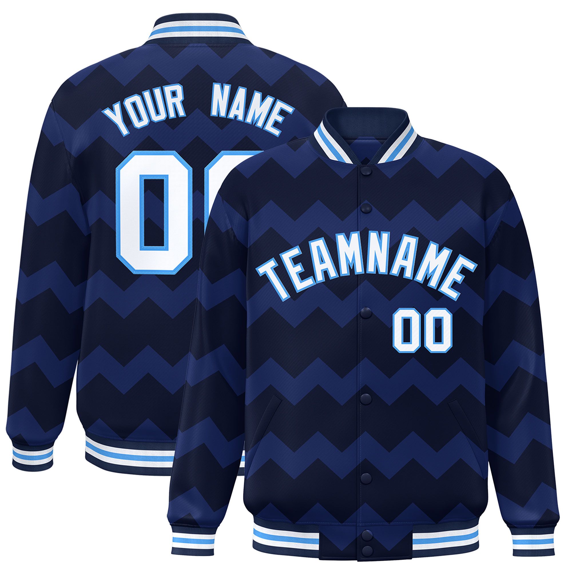 Custom Navy Varsity Full-Snap Ripple Color Block Letterman Jacket