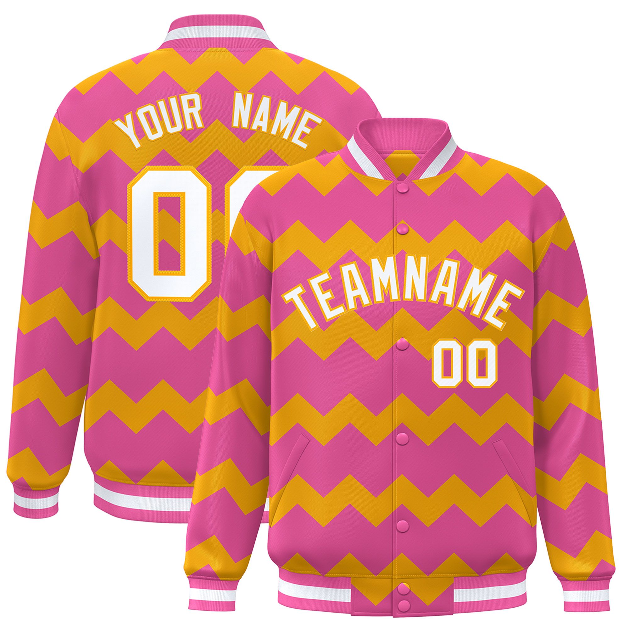 Custom Pink Varsity Full-Snap Ripple Color Block Letterman Jacket