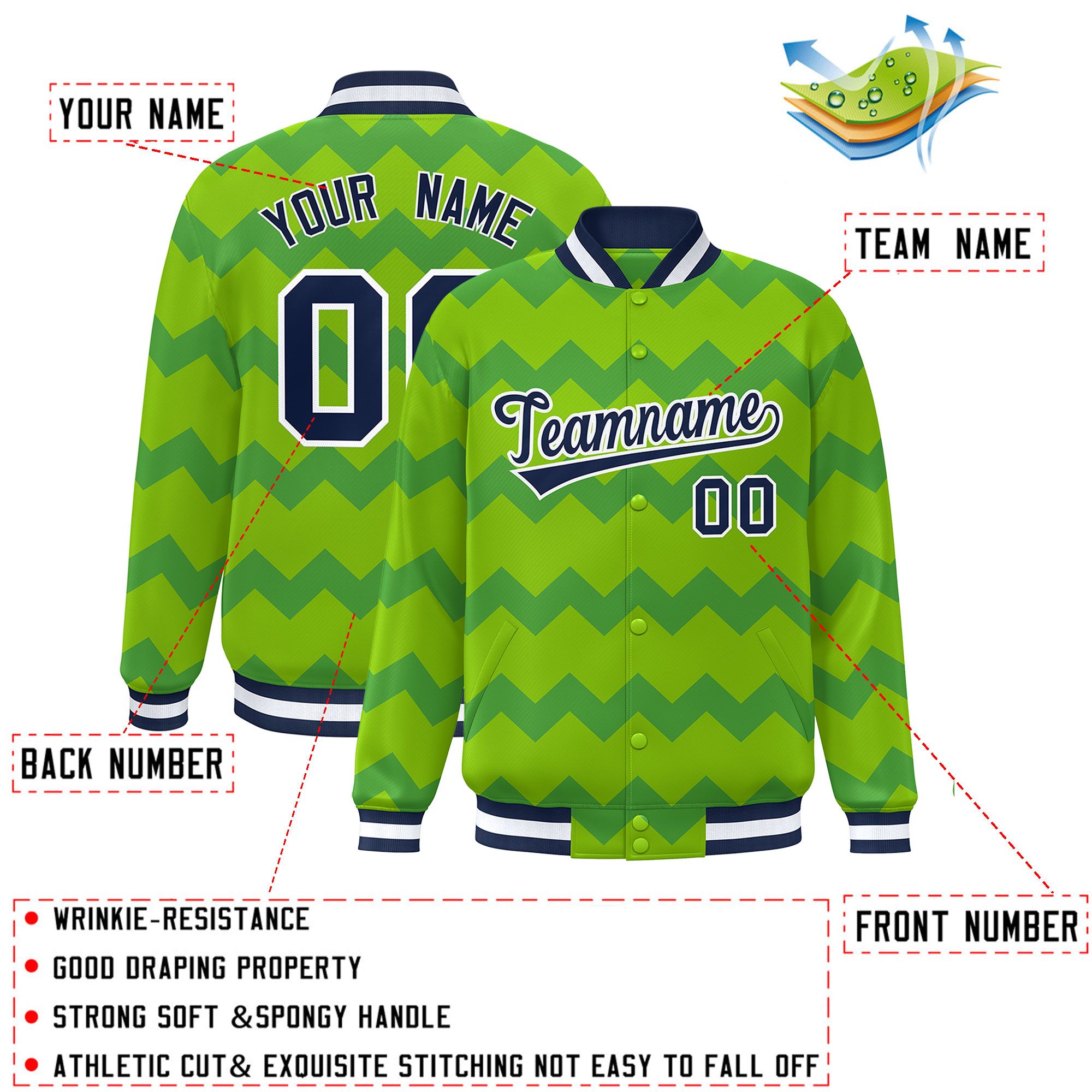 Custom Green Varsity Full-Snap Ripple Color Block Letterman Jacket