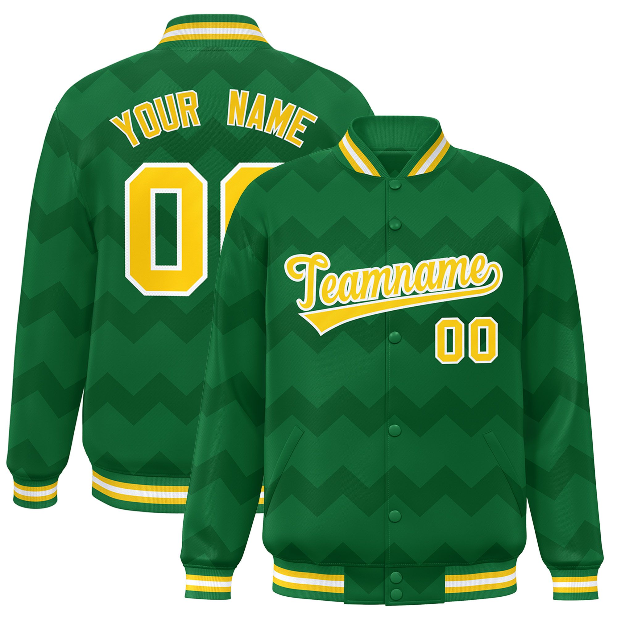 Custom Kelly Green Varsity Full-Snap Ripple Color Block Letterman Jacket