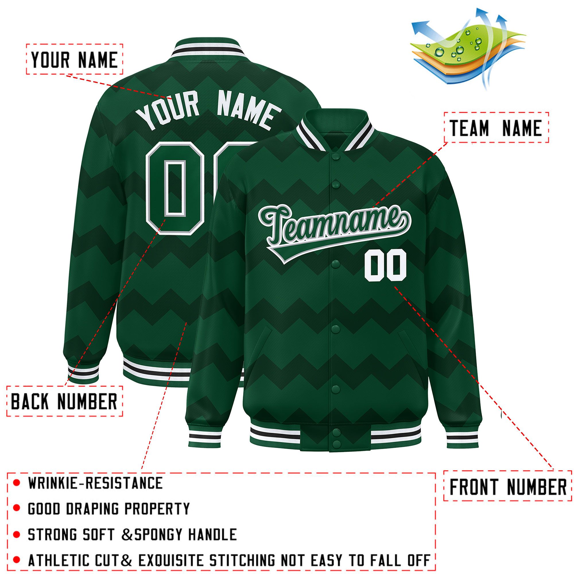 Custom Green Varsity Full-Snap Ripple Color Block Letterman Jacket