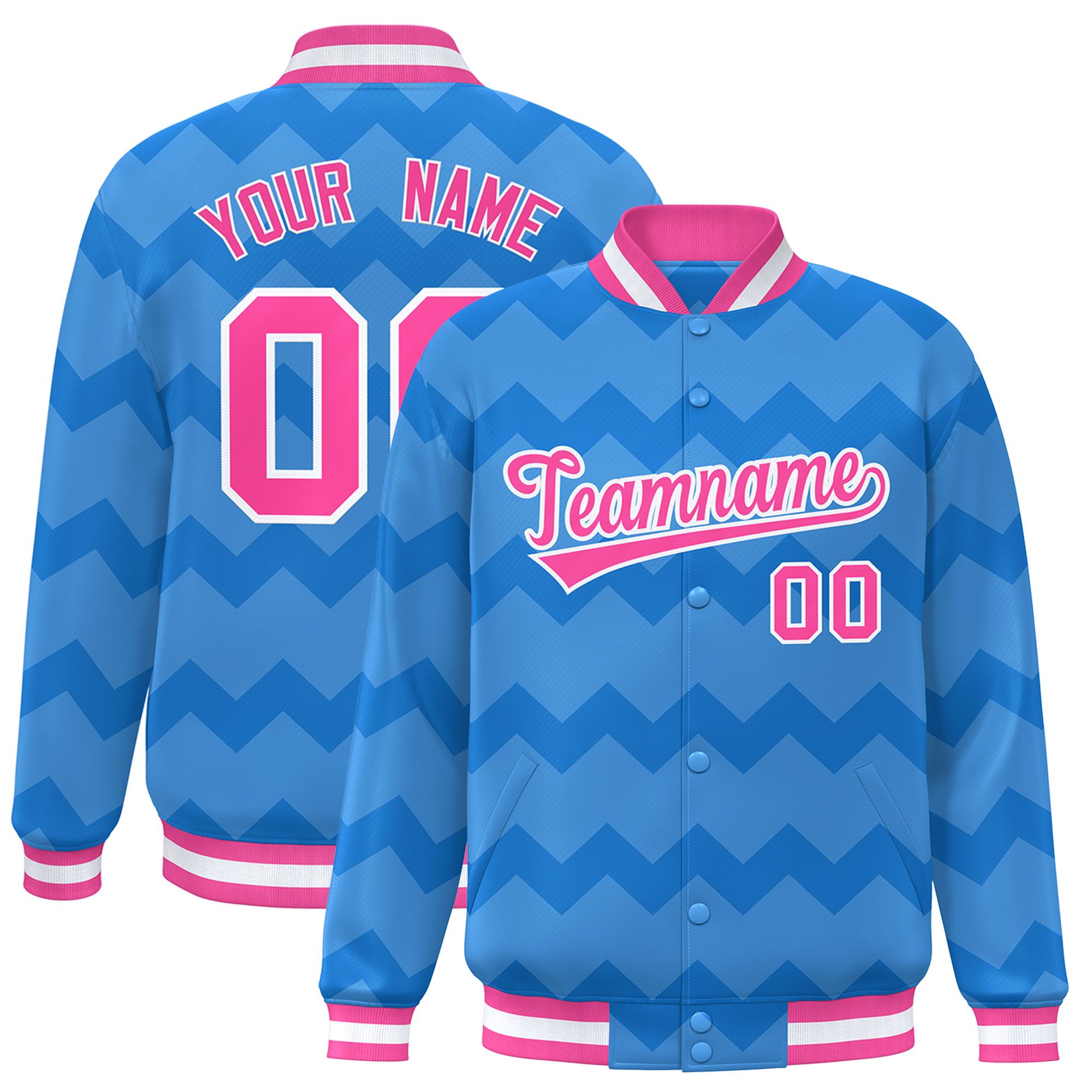 Custom Powder Blue Varsity Full-Snap Ripple Color Block Letterman Jacket