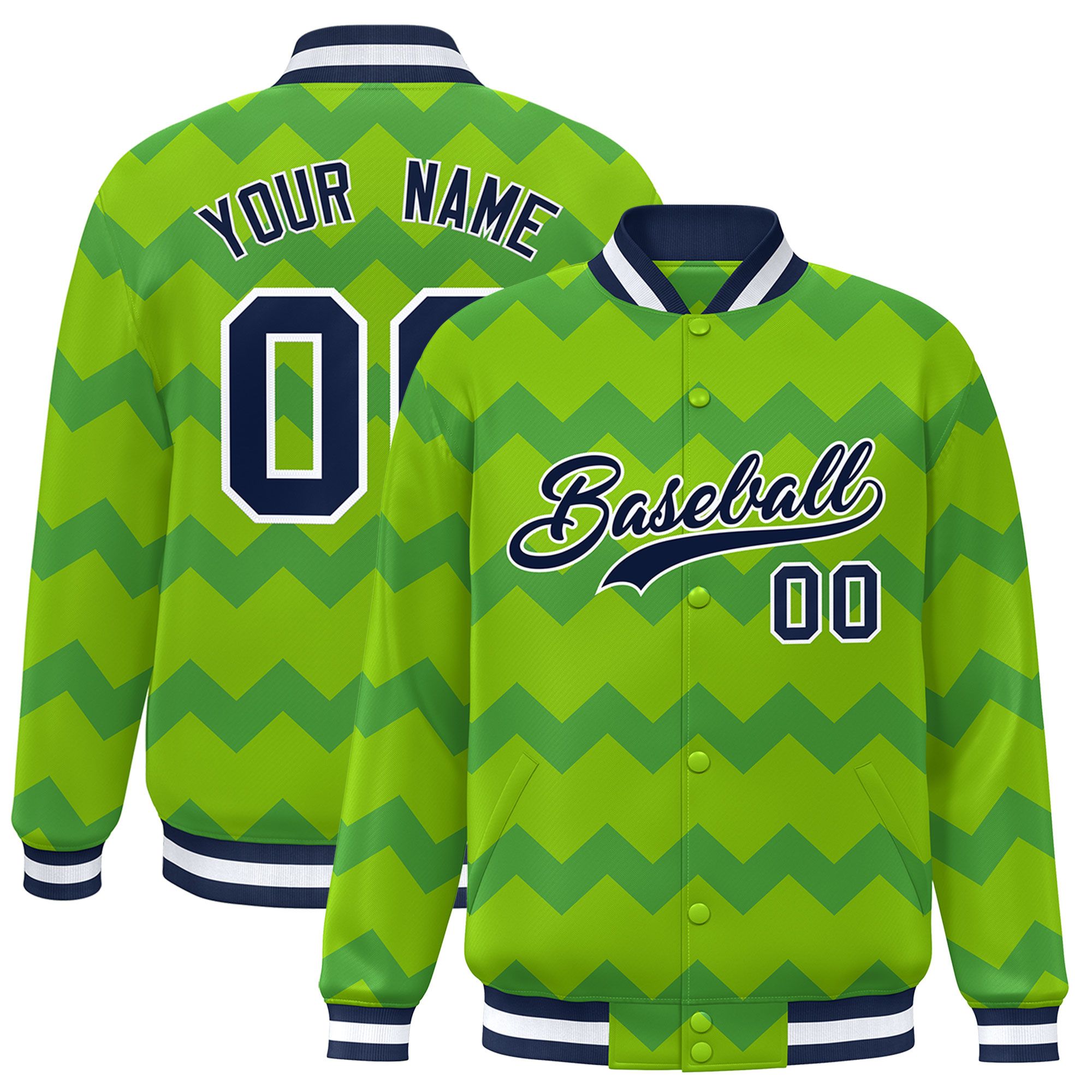 Custom Green Varsity Full-Snap Ripple Color Block Letterman Jacket