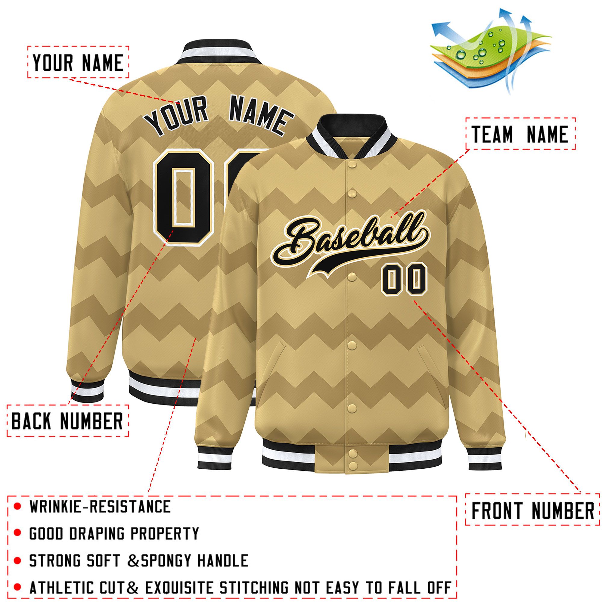 Custom Khaki Varsity Full-Snap Ripple Color Block Letterman Jacket