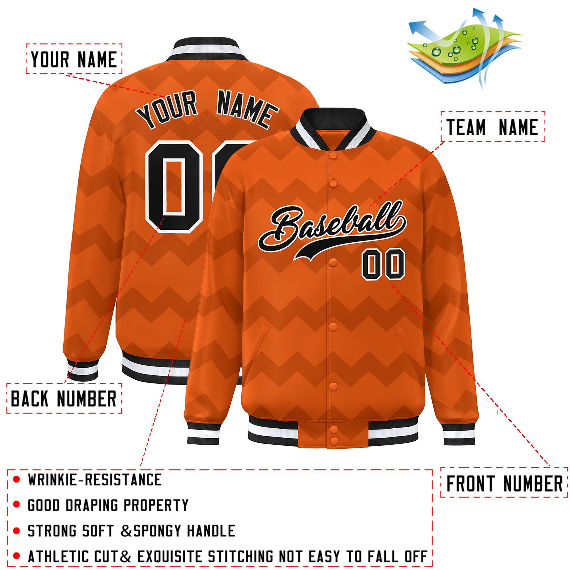 Custom Orange Varsity Full-Snap Ripple Color Block Letterman Jacket