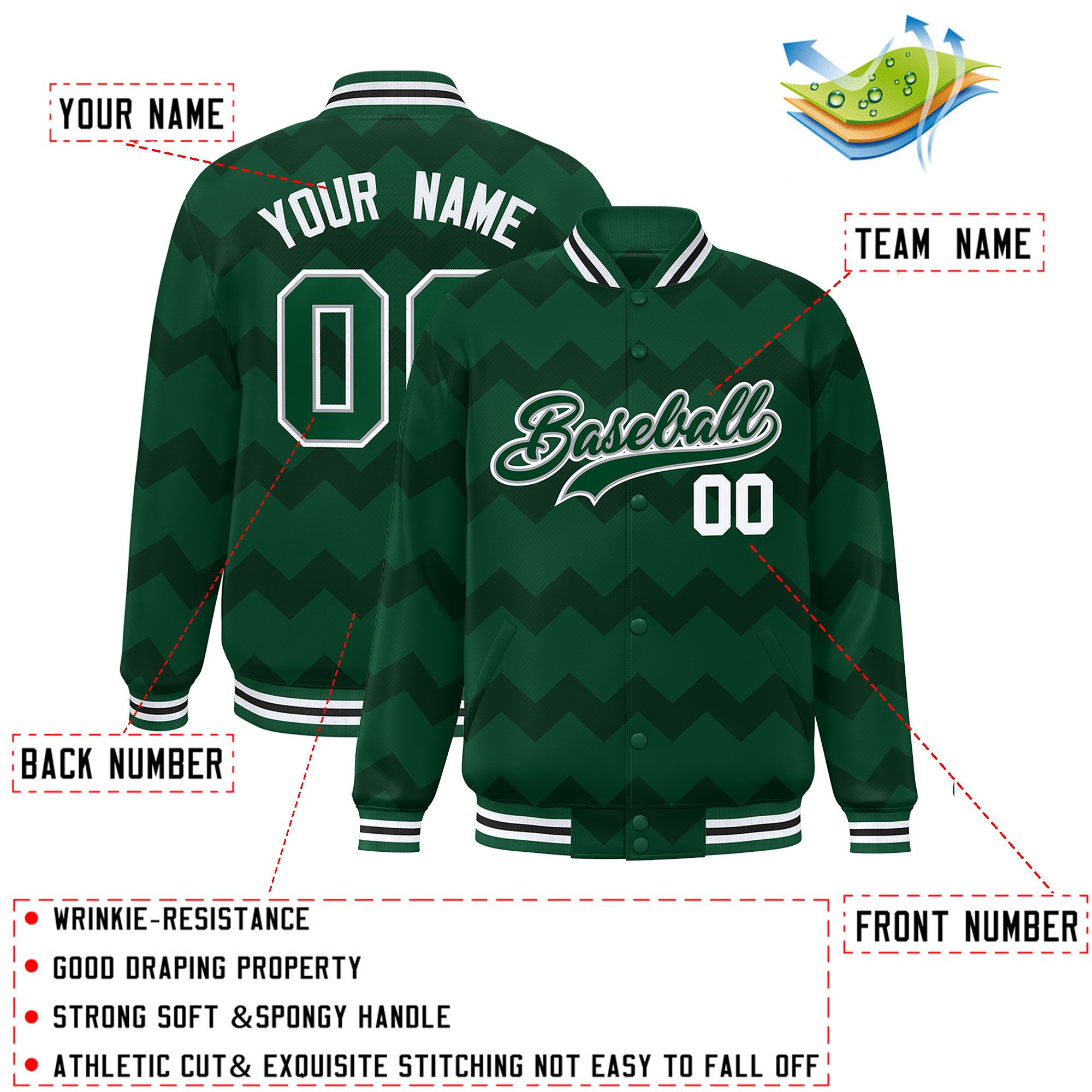 Custom Green Varsity Full-Snap Ripple Color Block Letterman Jacket