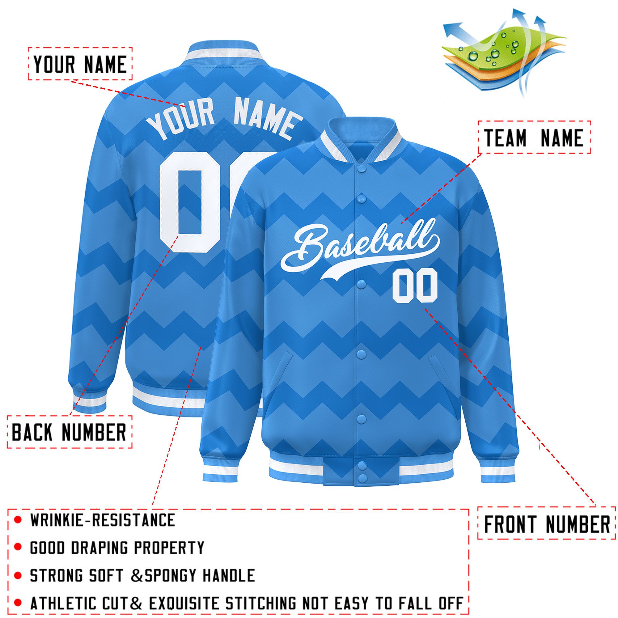 Custom Powder Blue Varsity Full-Snap Ripple Color Block Letterman Jacket