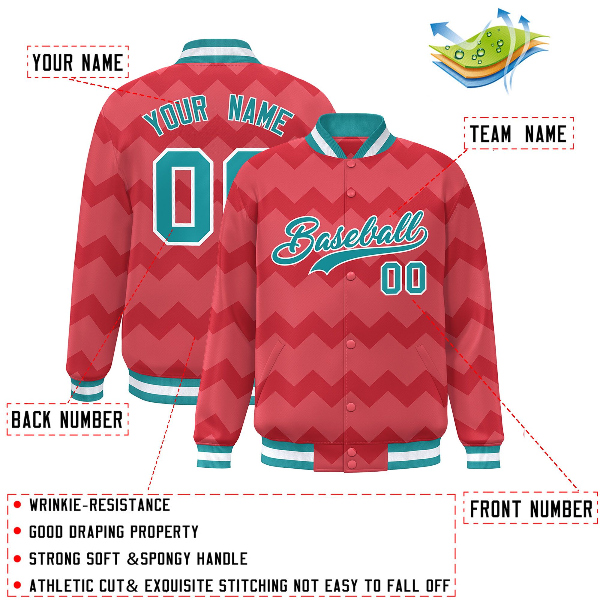 Custom Light Red Varsity Full-Snap Ripple Color Block Letterman Jacket