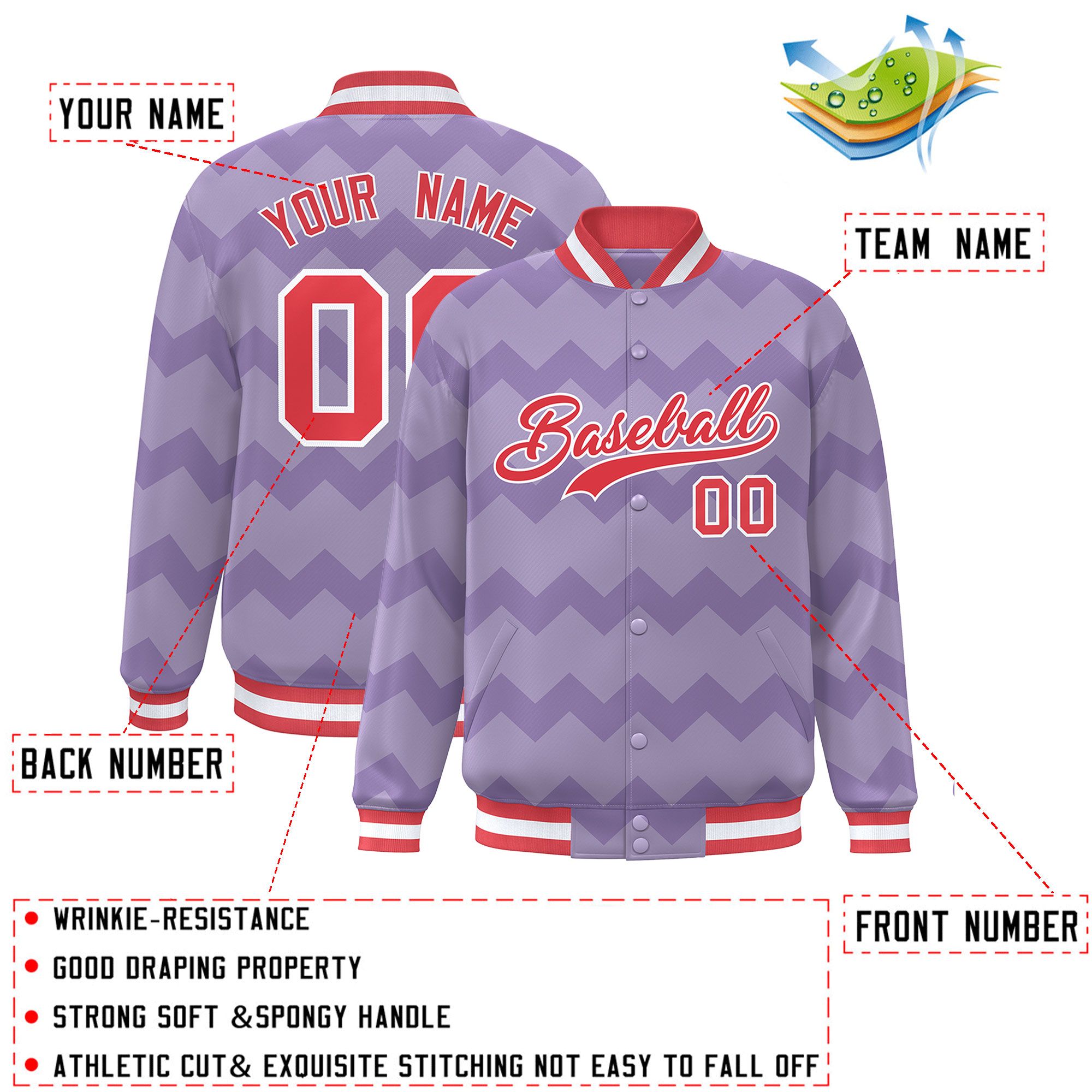 Custom Light Purple Varsity Full-Snap Ripple Color Block Letterman Jacket