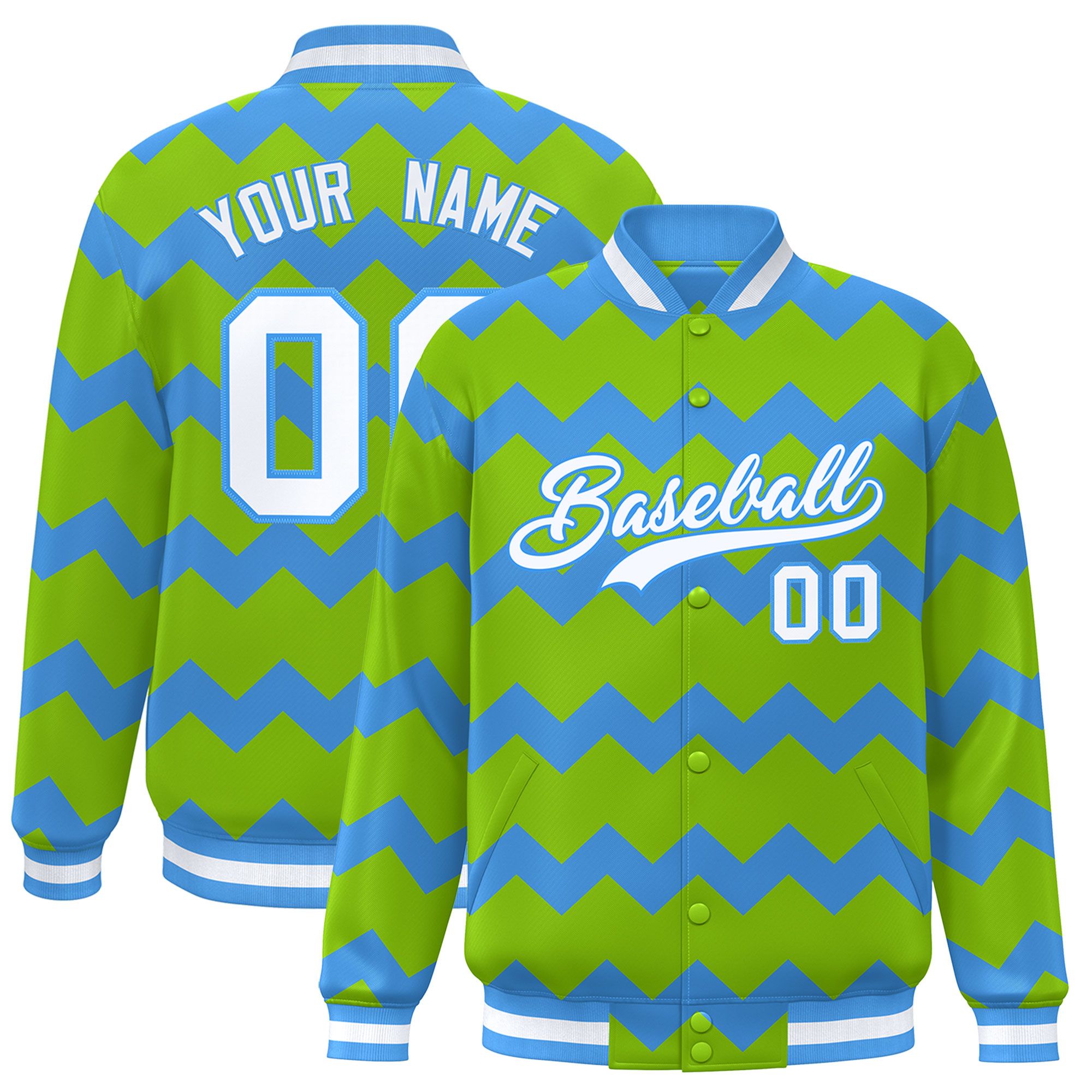 Custom Neon Green Varsity Full-Snap Ripple Color Block Letterman Jacket