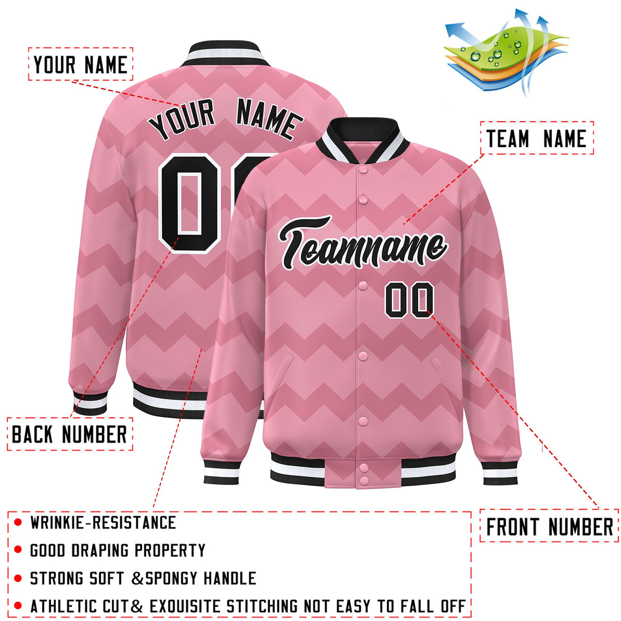 Custom Light Pink Varsity Full-Snap Ripple Color Block Letterman Jacket