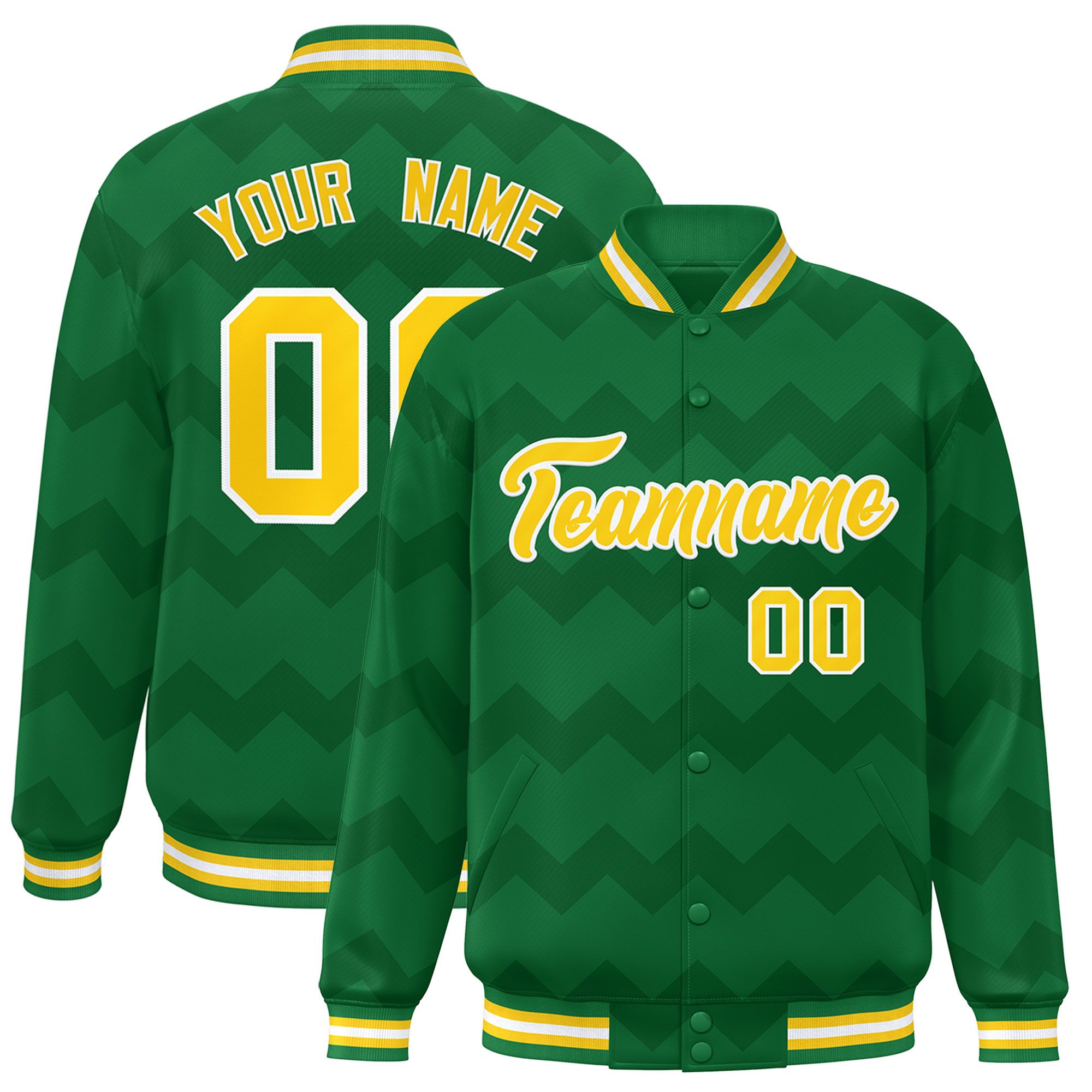 Custom Kelly Green Varsity Full-Snap Ripple Color Block Letterman Jacket