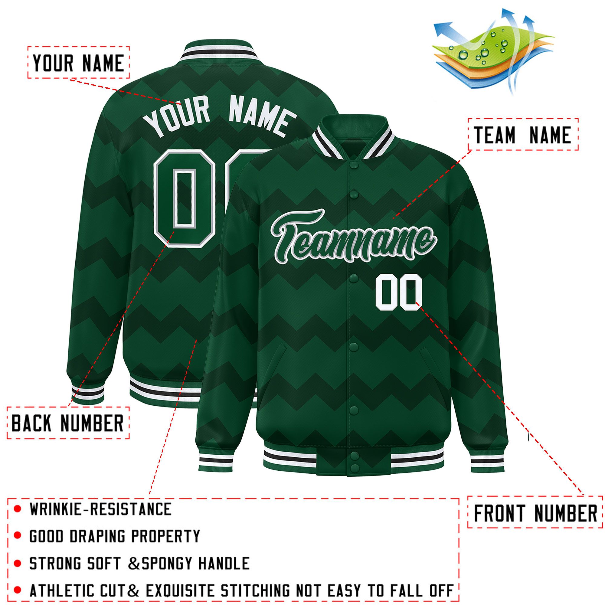 Custom Green Varsity Full-Snap Ripple Color Block Letterman Jacket