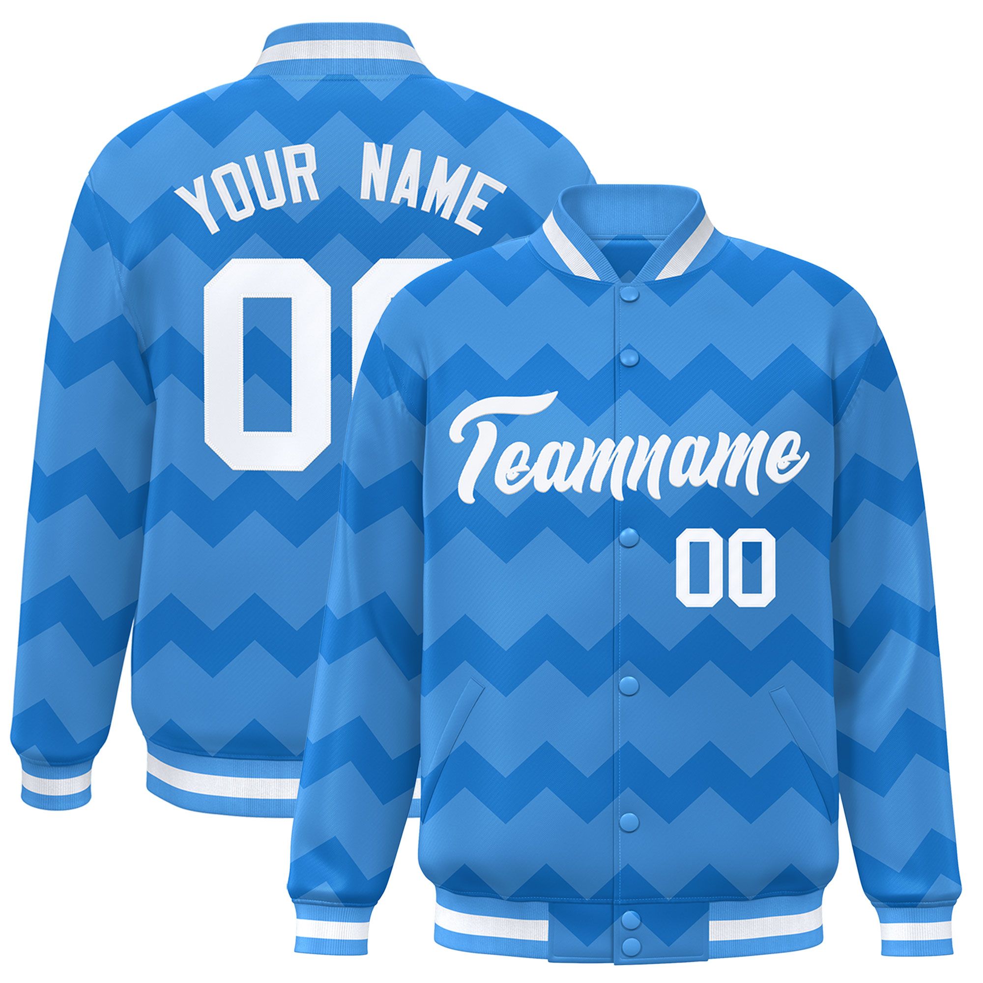 Custom Powder Blue Varsity Full-Snap Ripple Color Block Letterman Jacket