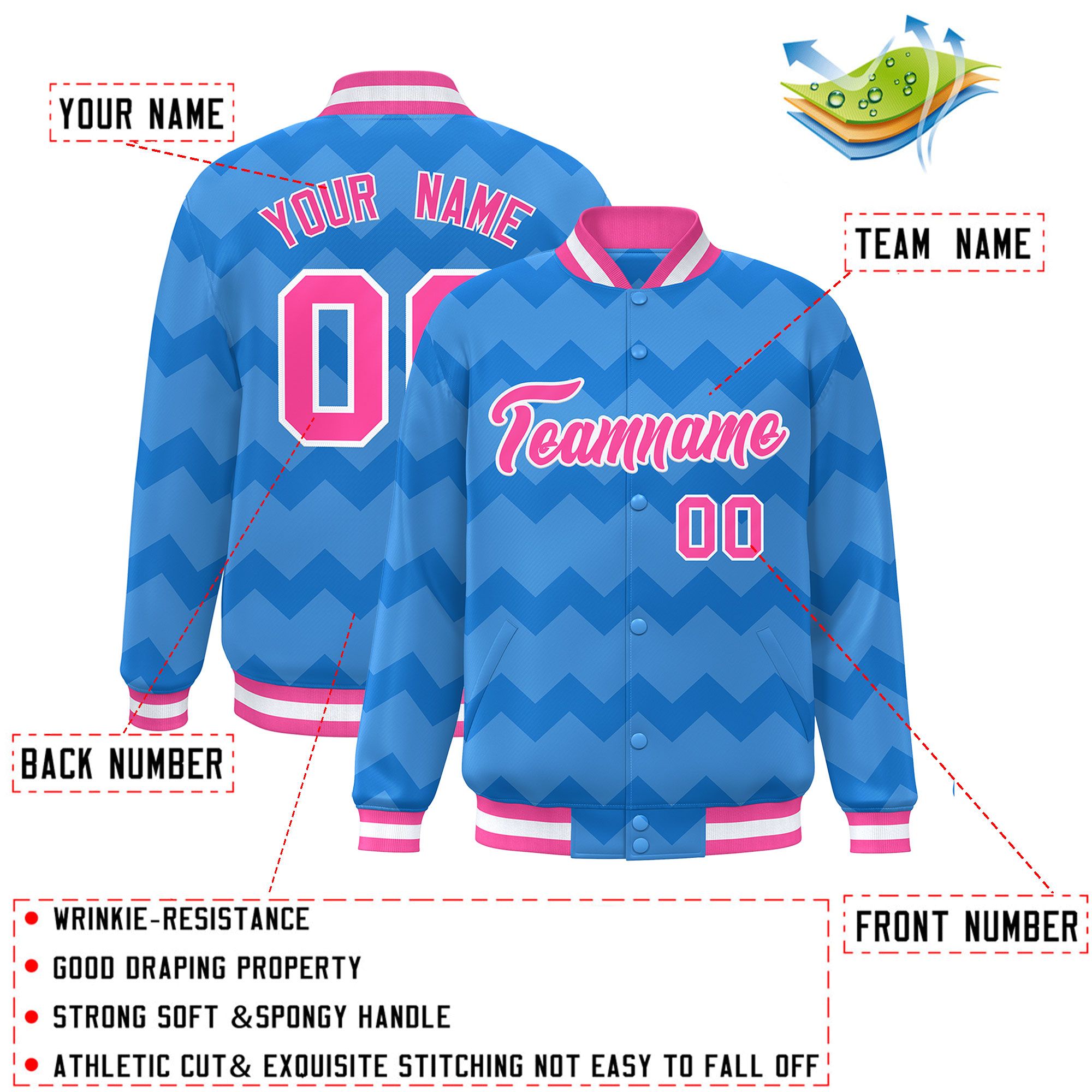 Custom Powder Blue Varsity Full-Snap Ripple Color Block Letterman Jacket