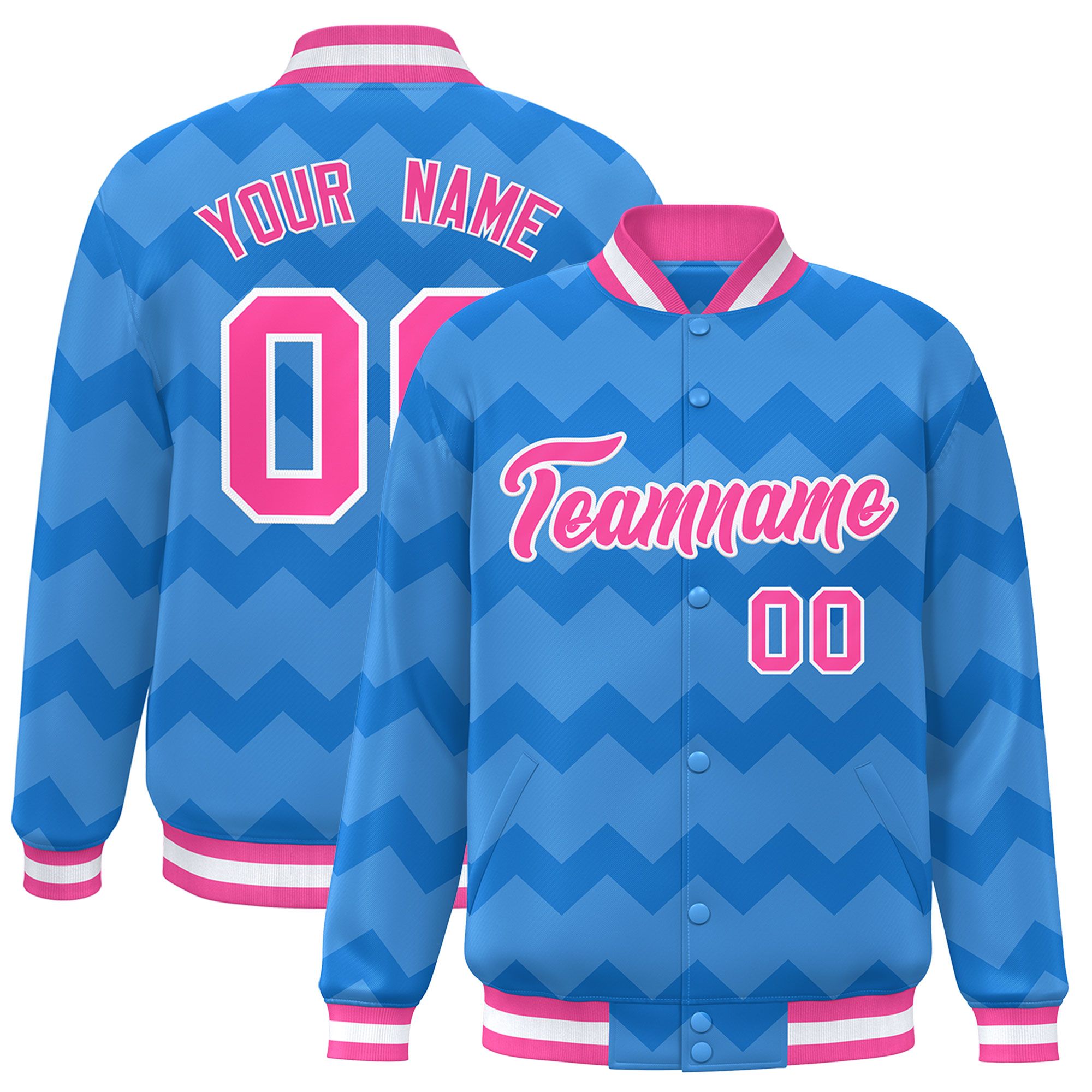 Custom Powder Blue Varsity Full-Snap Ripple Color Block Letterman Jacket