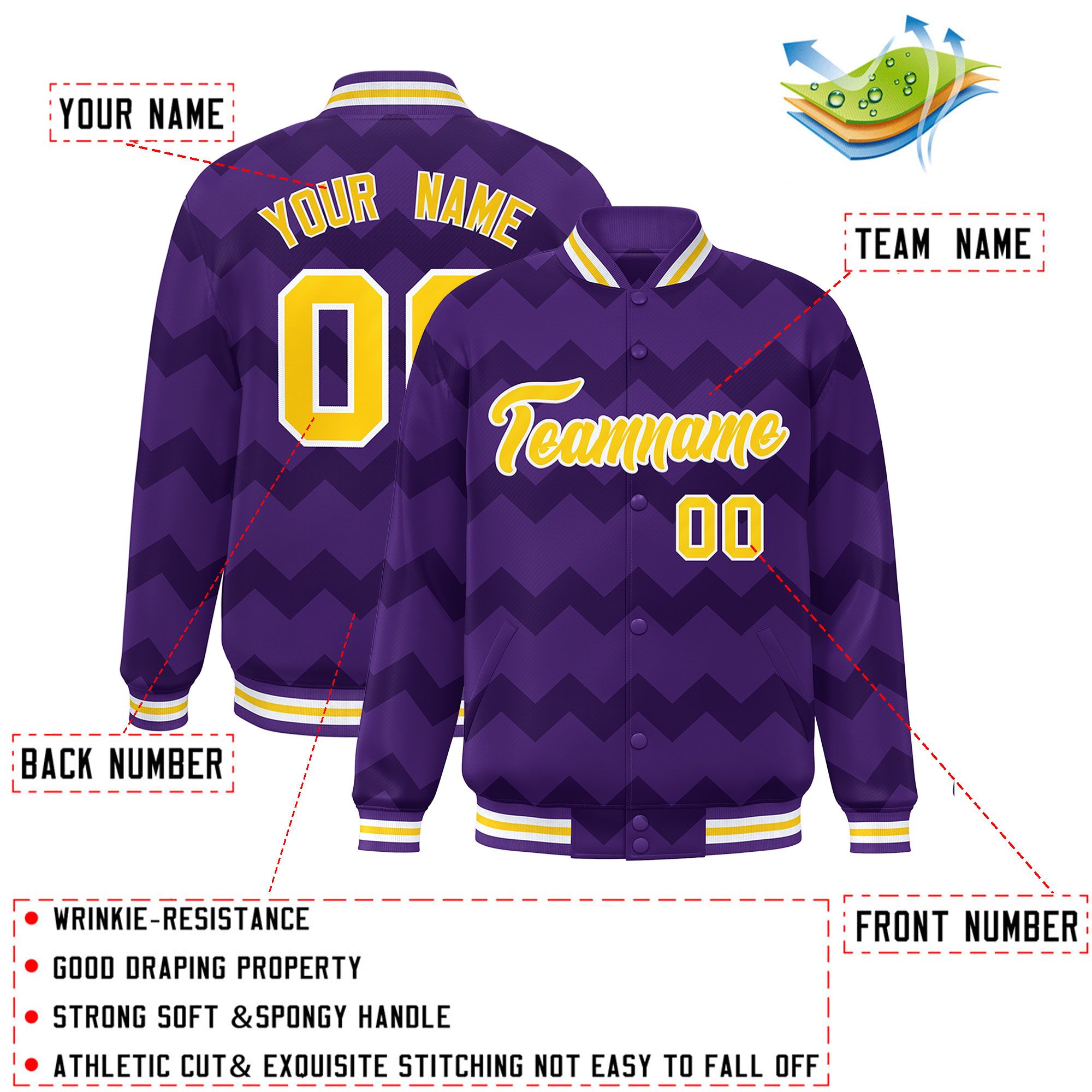 Custom Purple Varsity Full-Snap Ripple Color Block Letterman Jacket