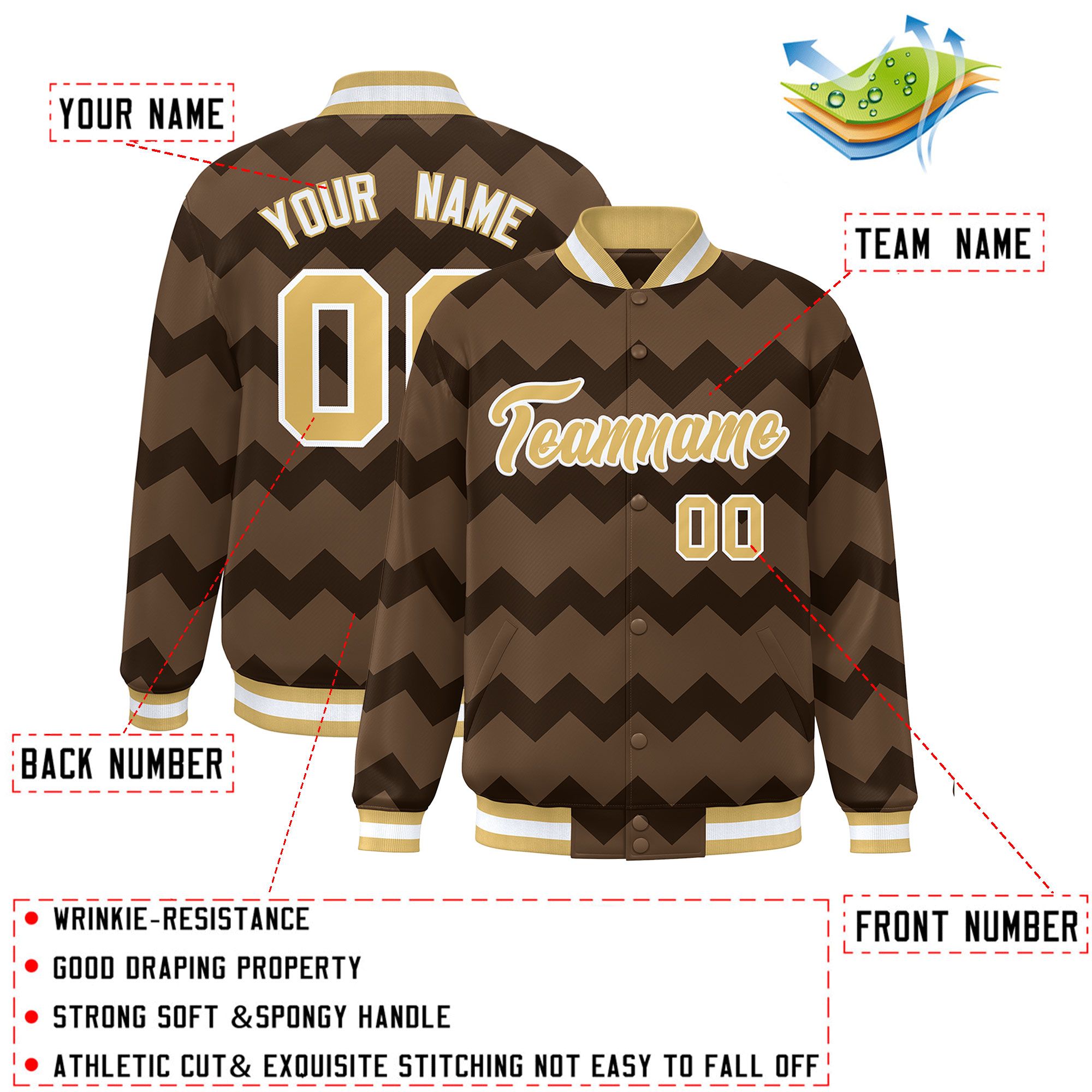 Custom Light Brown Varsity Full-Snap Ripple Color Block Letterman Jacket