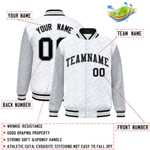 Custom White Gray L Pattern Varsity Raglan Sleeves Full-Snap Letterman Baseball Jacket