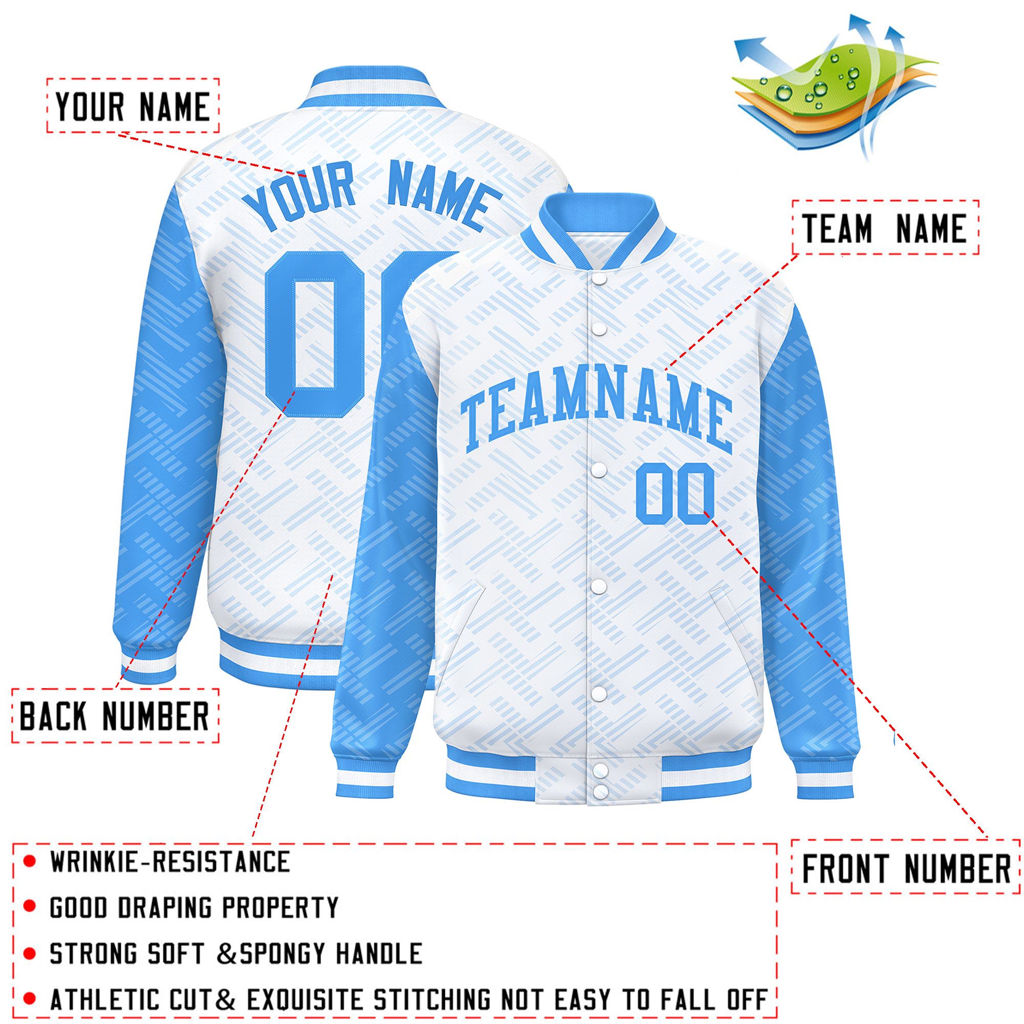 Custom White Powder Blue L Pattern Varsity Raglan Sleeves Full-Snap Letterman Baseball Jacket